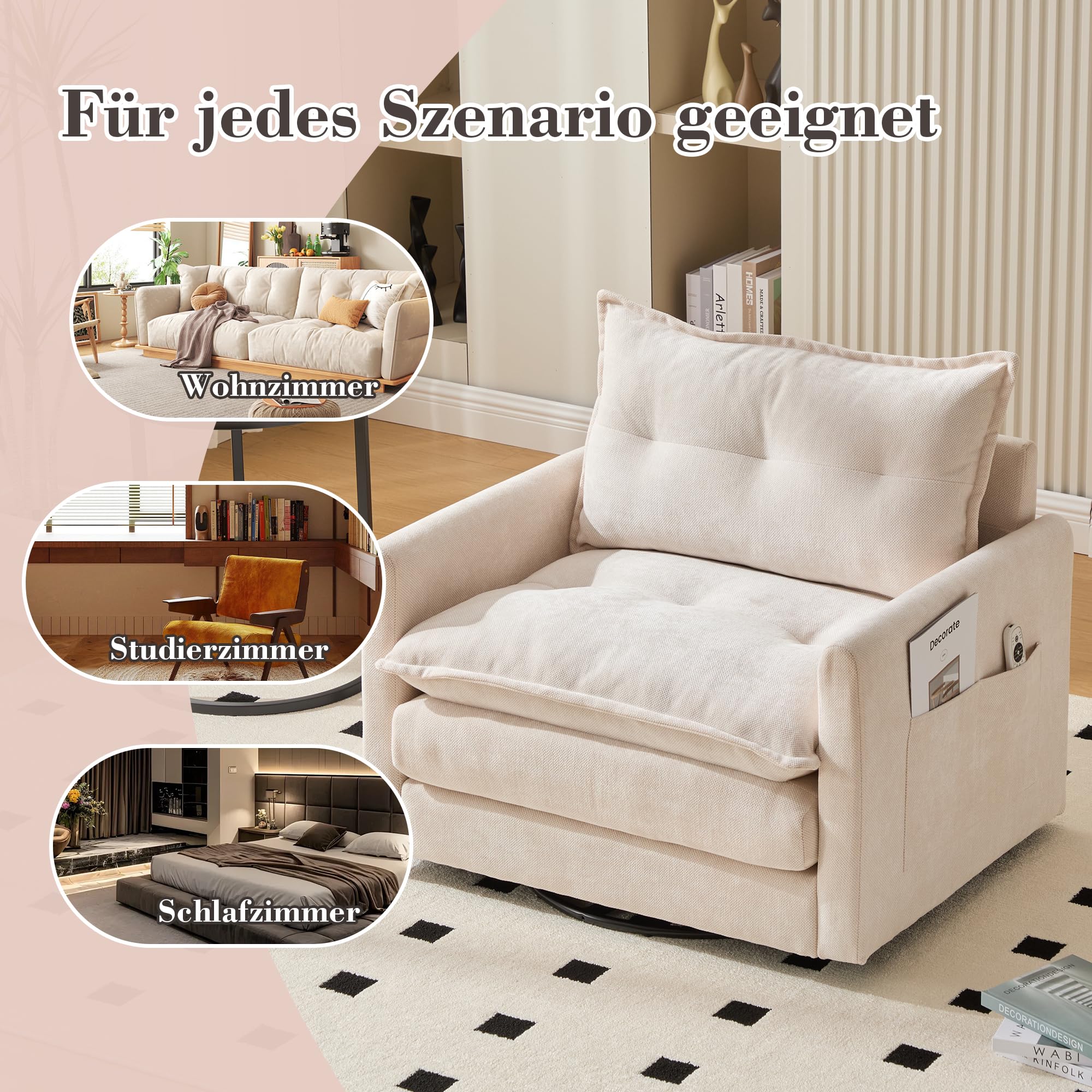 Sillón giratorio para salón, sillón acolchado con bolsillo lateral y cojín, moderno sillón giratorio de lectura, color beige