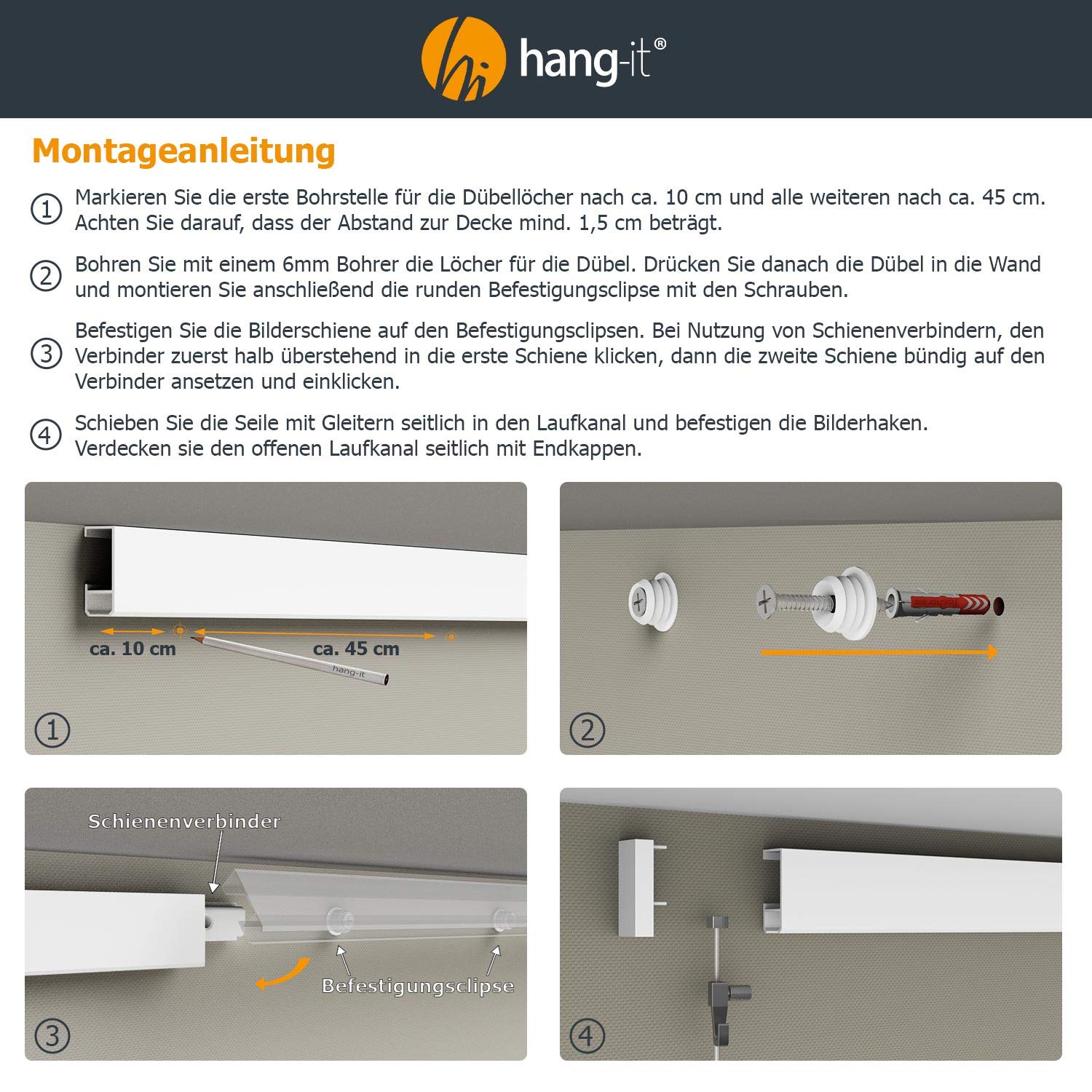 hang-it 6 Meter Bilderschienen Galerieschienen - Komplett Set in weiß