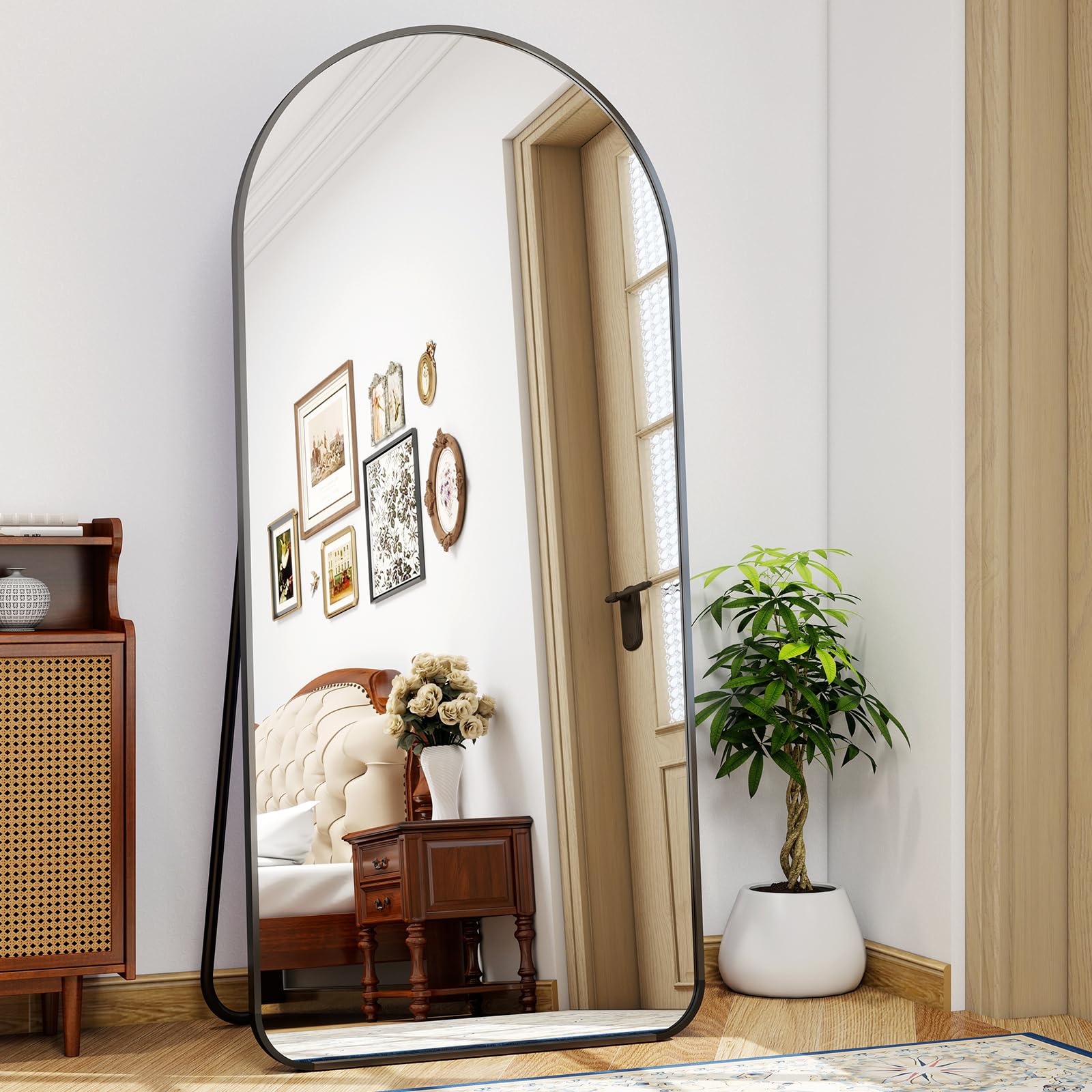 BEAUTYPEAK 171x76 cm Espejo de cuerpo completo curvo con esquinas redondas, espejo grande de pie, para colgar o inclinar, espejo de suelo, negro