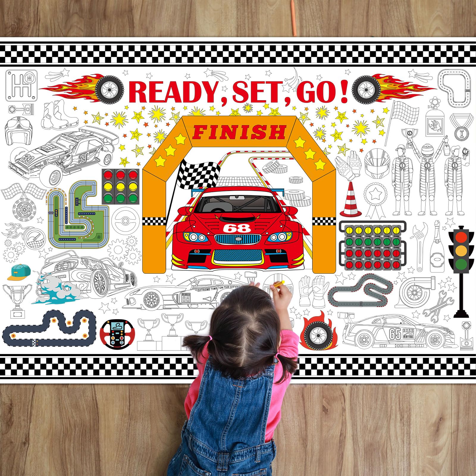 Race Car Large Coloring Poster Giant Racing Car Activity Drawing Paper Coloring Tablecloth DIY Wheels Theme Game Poster Book Table Cover Truck Kids Art Craft Home Classroom Birthday Party Decorations