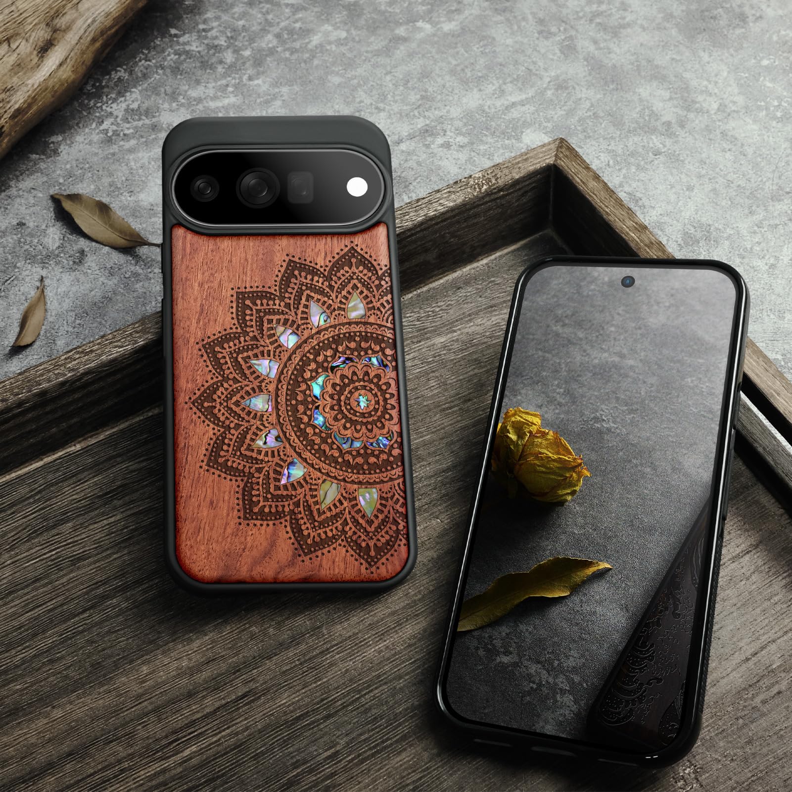 Carveit Madera Funda para Google Pixel 11 (Rosa-Arte Mandala) | Compatible con MagSafe [Grabado en madera e incrustación de mejillones] Magnética Cover para Pixel 11 Carcasa