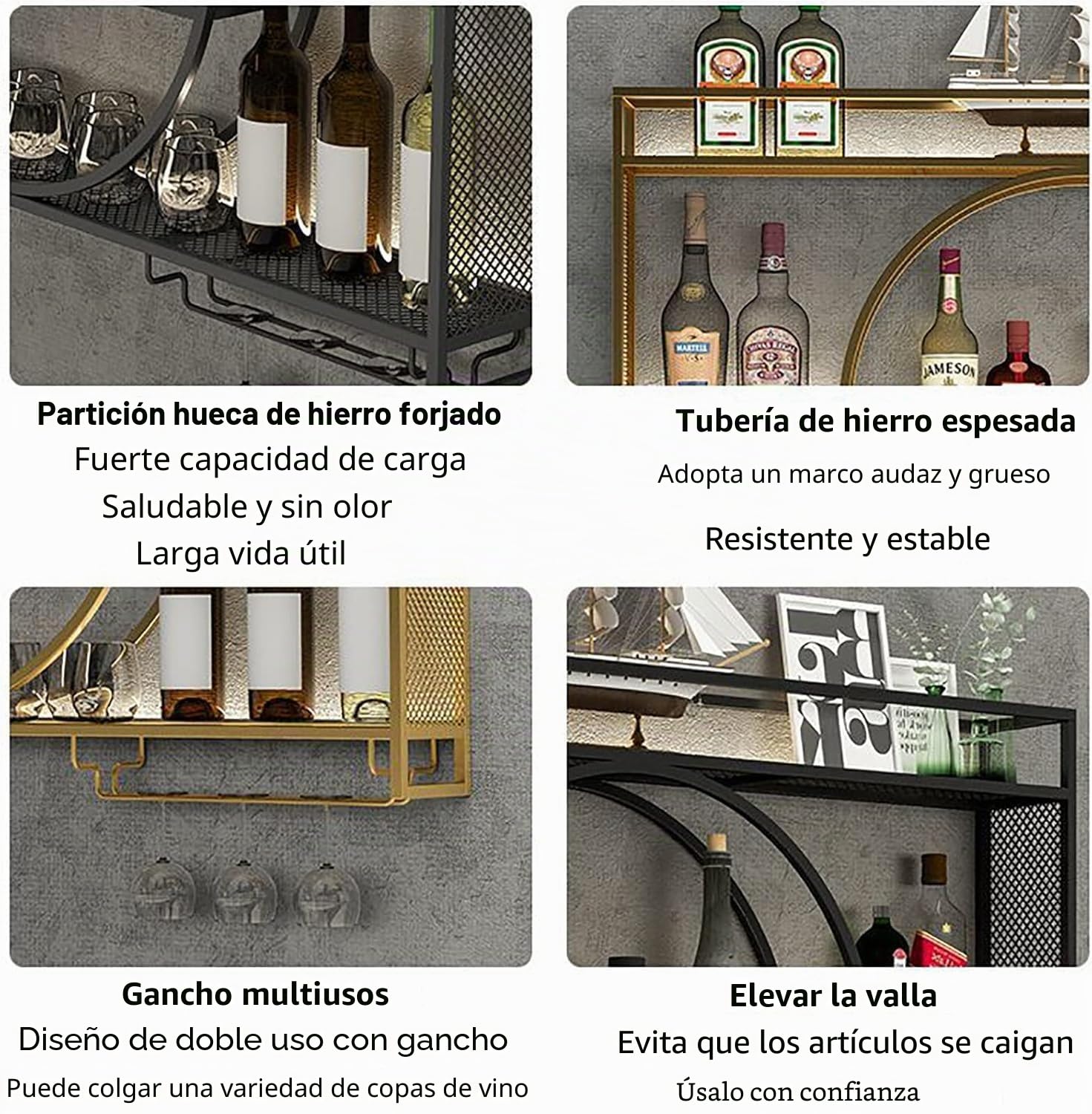 Rmeet Estante de Botellas de Pared Industrial, Estante de Hierro de 3 Plantas, estantes de exhibición de Vino para decoración del hogar, Bares, restaurantes y cocinas,Golden,140 * 15 * 80cm