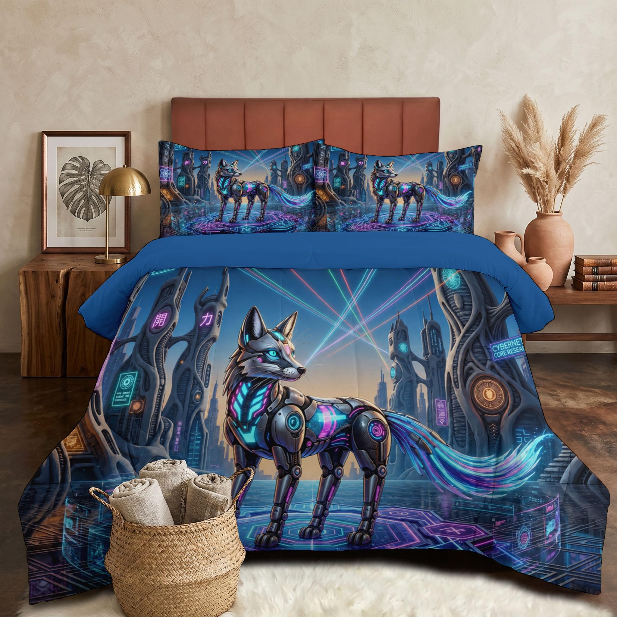 Piumone 2-In-1 Letto Singolo 140X200 Cm Animali Cibermeccanici | Trapunta E Piumino Reversibile 4 Stagioni, Architettura Futuristica Volpe, Copriletto Lavabile Morbido Leggero, Blu Navy