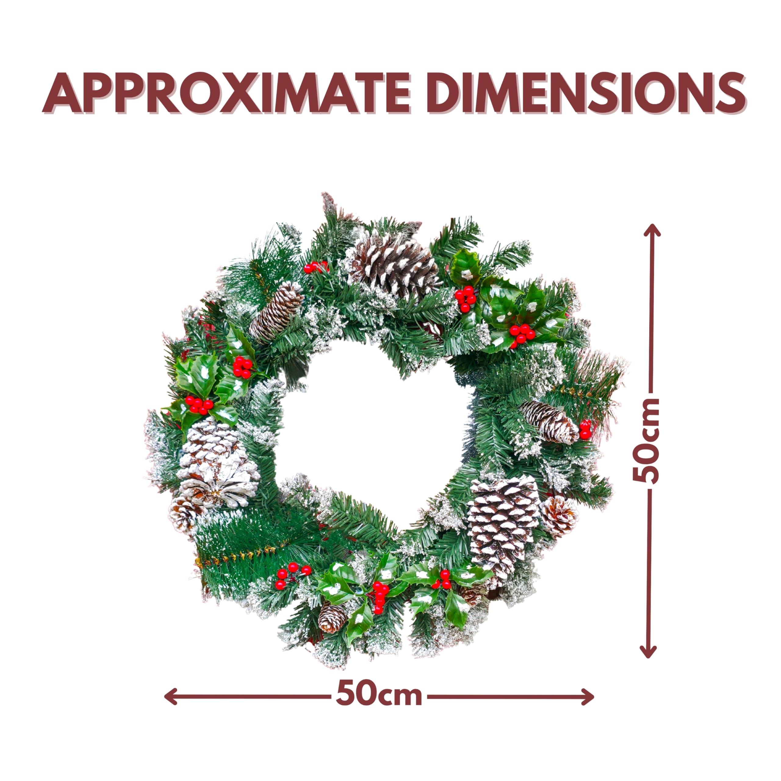 HomeZone® Festive Couronne de Noël décorée de neige avec baies et pommes de pin 50 cm