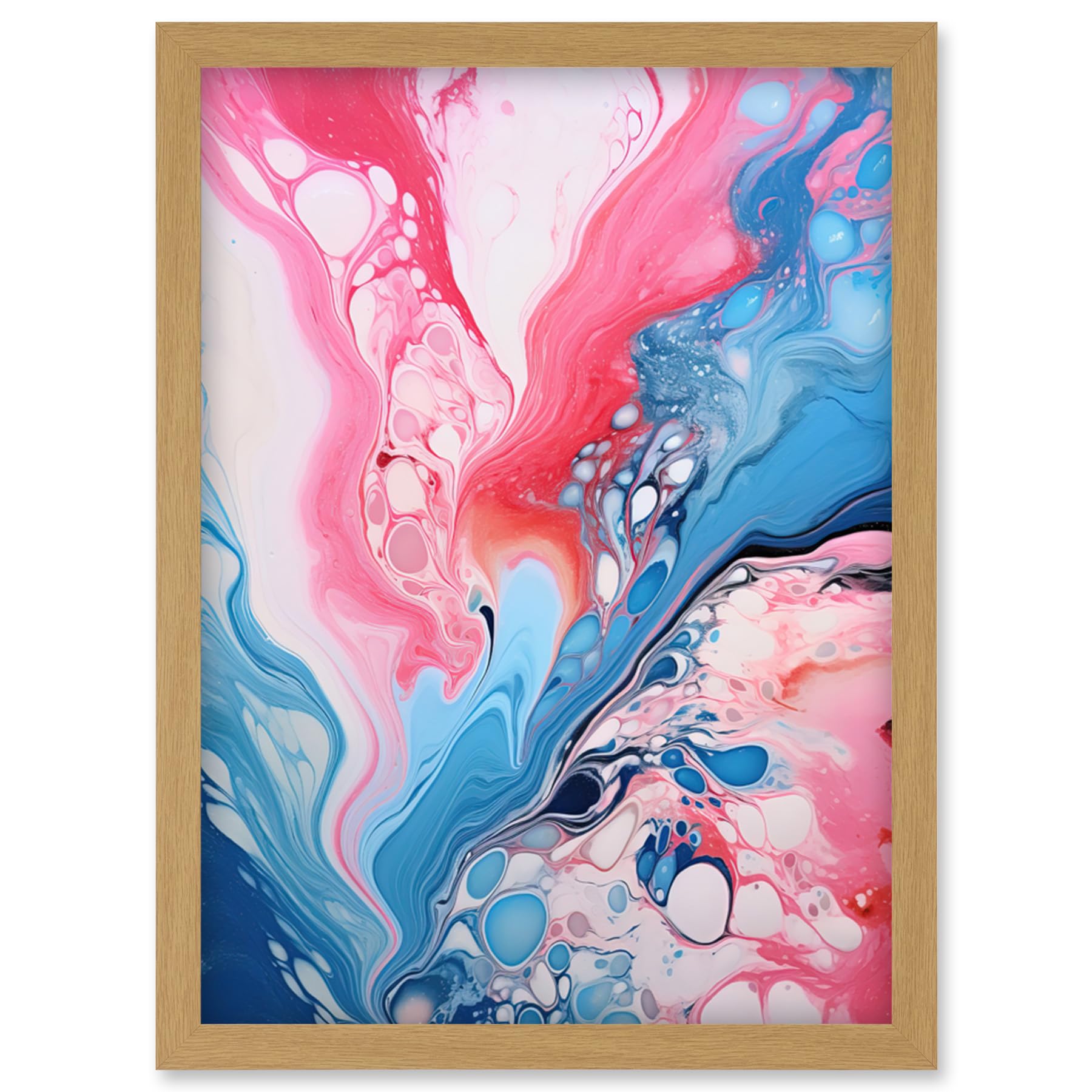 Artery8 Fluid Paint Acrylic Pouring Abstract Artwork Pink Blue Flowing Colours Artwork Framed Wall Art Print A4
