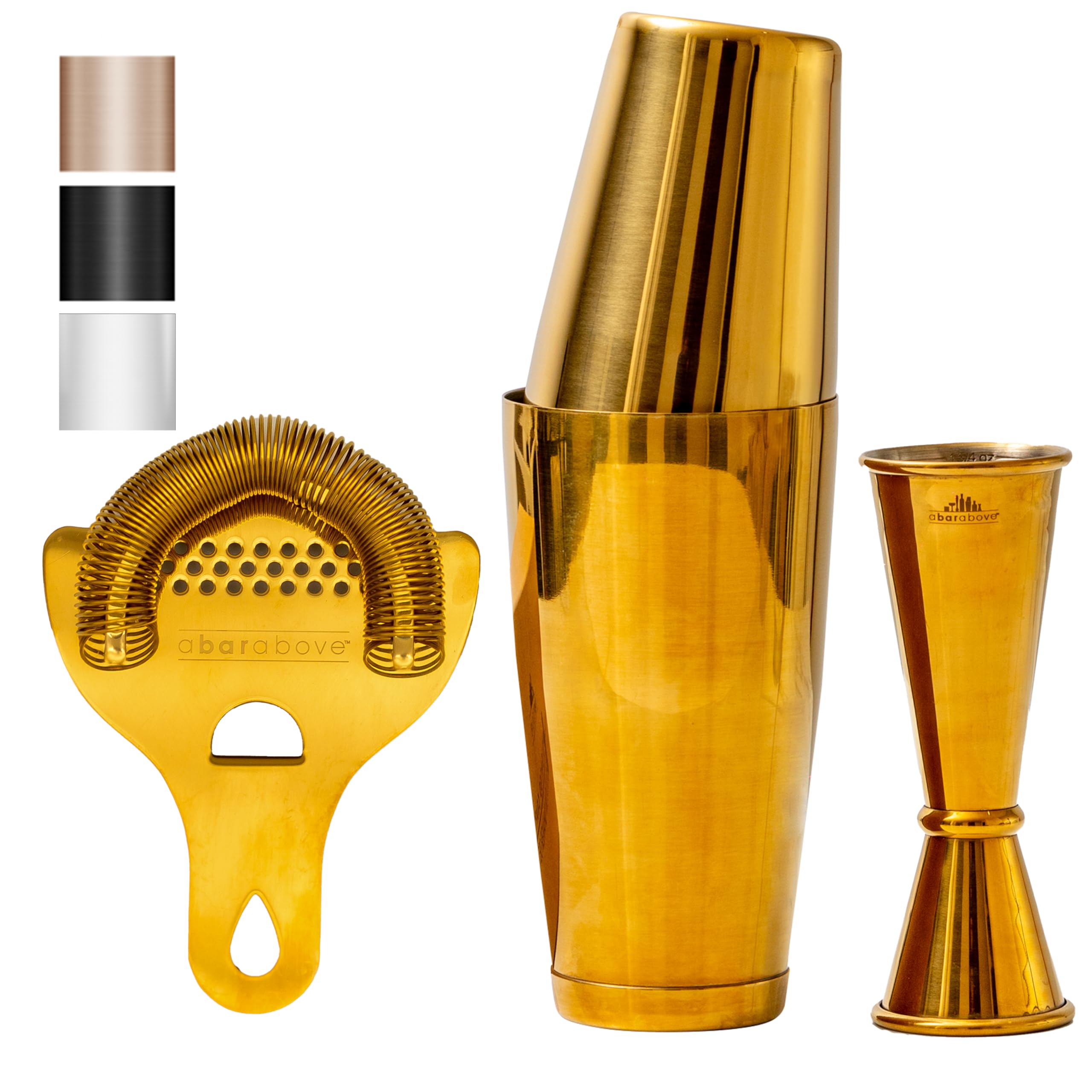 A Bar Above Set di 4 shaker per cocktail dorati, kit da barista per bar aziendali o casalinghi – include colino Hawthorne e jigger giapponese – accessori professionali da bar per il set da bar di casa