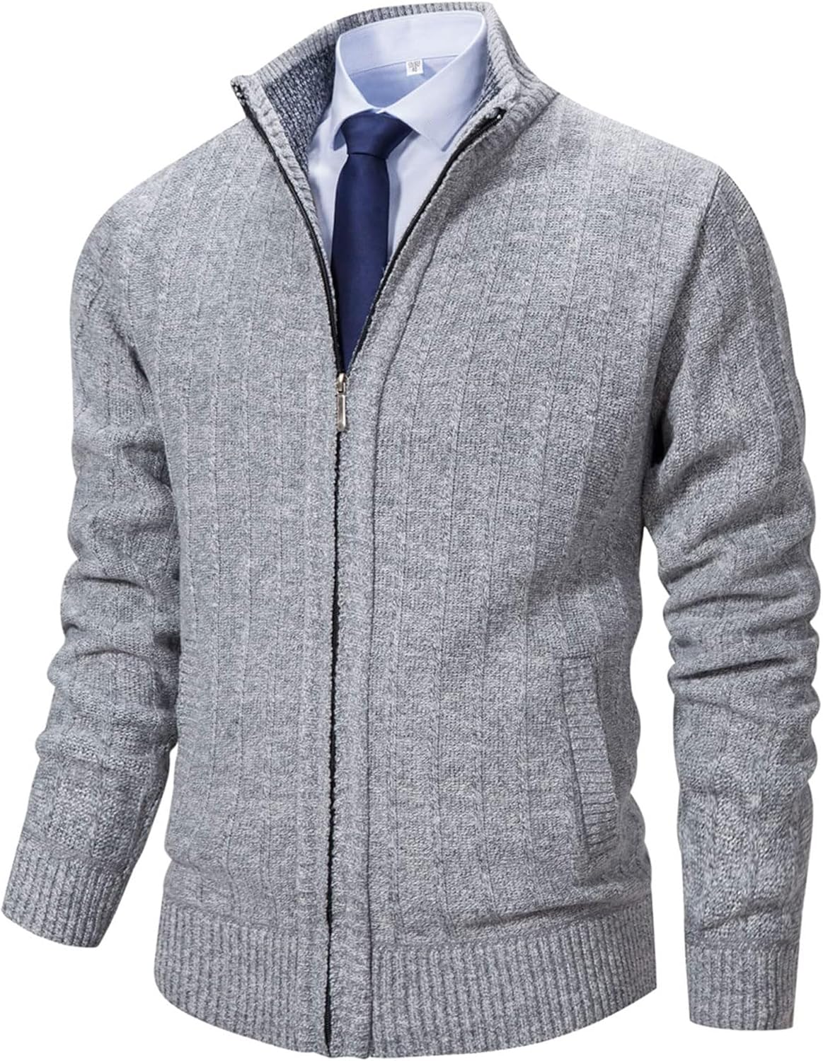 Men's Cardigan Sweaters Full Zip Up Stand Collar Slim Fit Casual Knitted Sweater with 2 Front Pockets