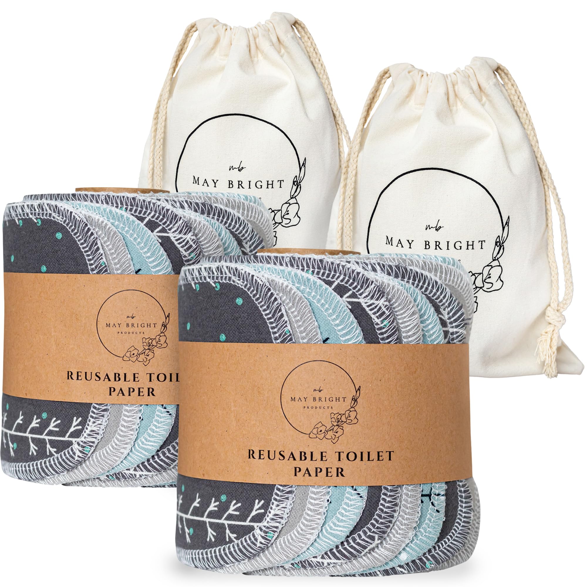 May Bright - Paquete doble de papel higiénico reutilizable con dos bolsas de lona lavables, toallitas reutilizables para bidé, 2 capas, 2 rollos, 30 hojas con rollos de cartón duraderos, toallas de