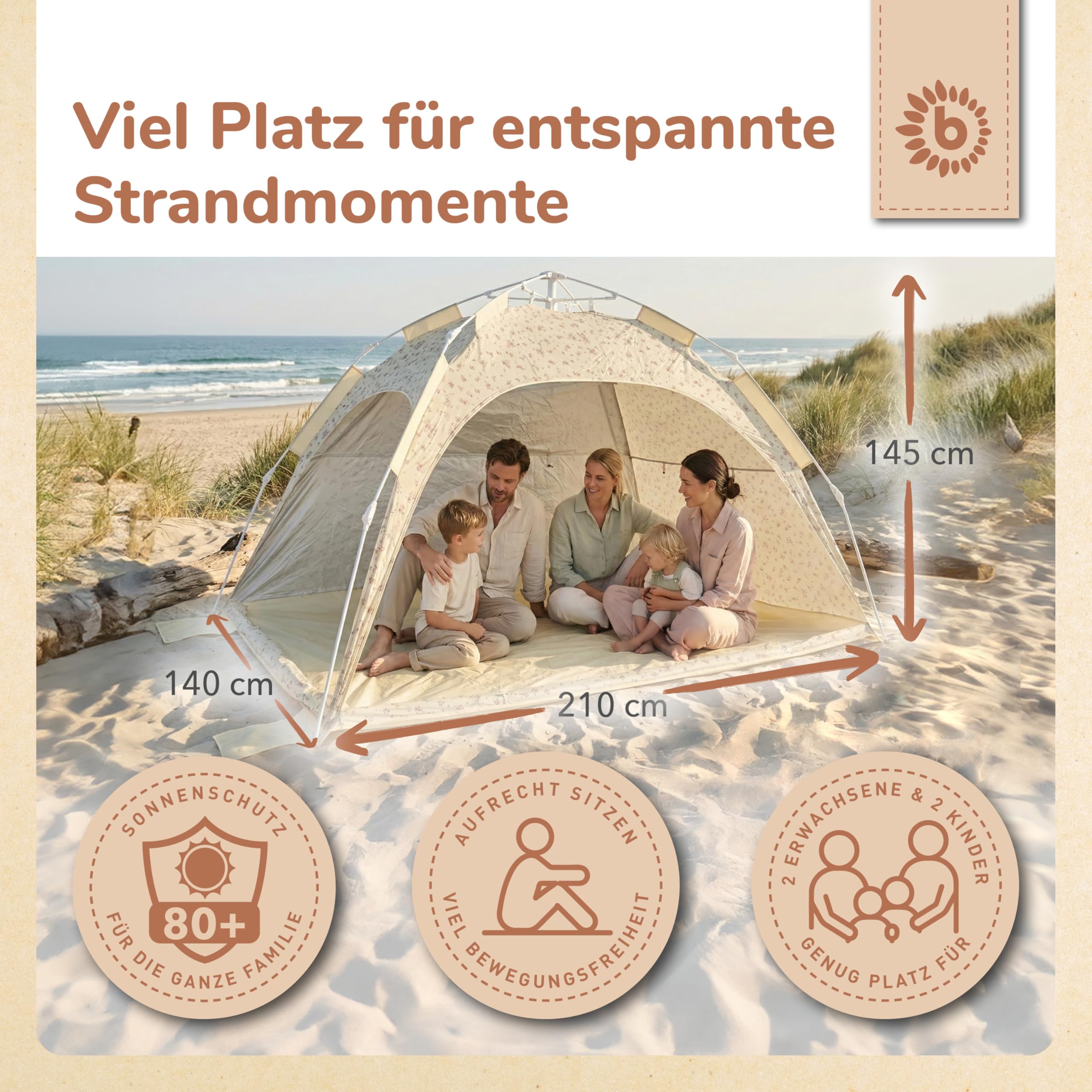 Bieco Strandmuschel Pop Up XXL – Quick-Up Strandzelt Schnellaufbau mit UV Schutz 80+ – Sonnenschutz & für Baby, Kinder & Familie – Automatik Zelt 3–4 Personen – Vintage Flowers