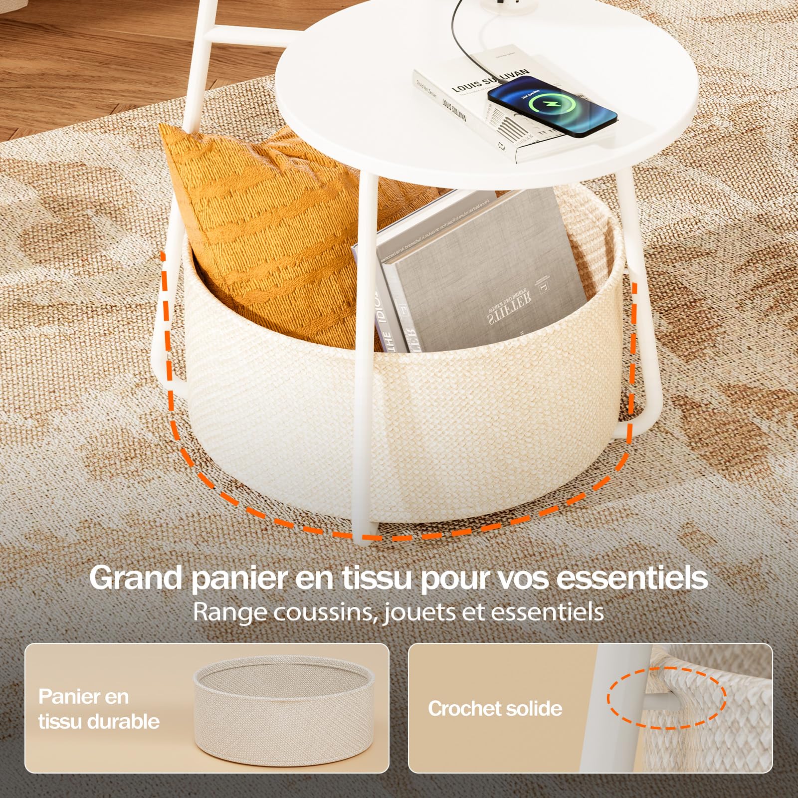 Rolanstar Table d’Appoint Ronde à 2 Plateaux Décalés, Table de Bout Empilable Moderne avec Panier de Rangement en Tissu, Table d’Accent Gain de Place pour Salon et Chambre, Blanc