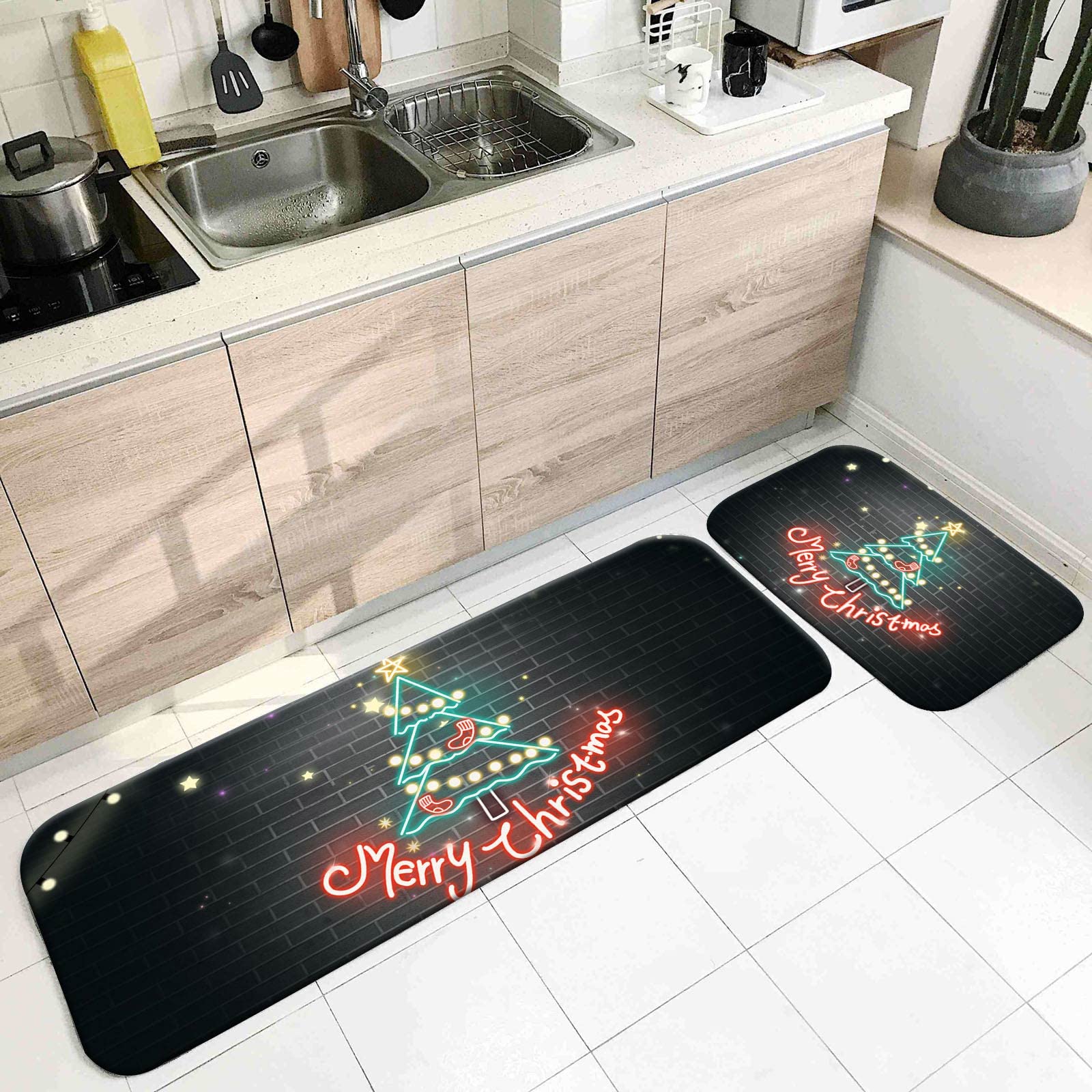 Dywan kuchenny antypoślizgowy, kuchnia maty podłogowe czerwone 50 x 80 cm + 50 x 160 cm "Merry Christmas" dywaniki pod choinkę