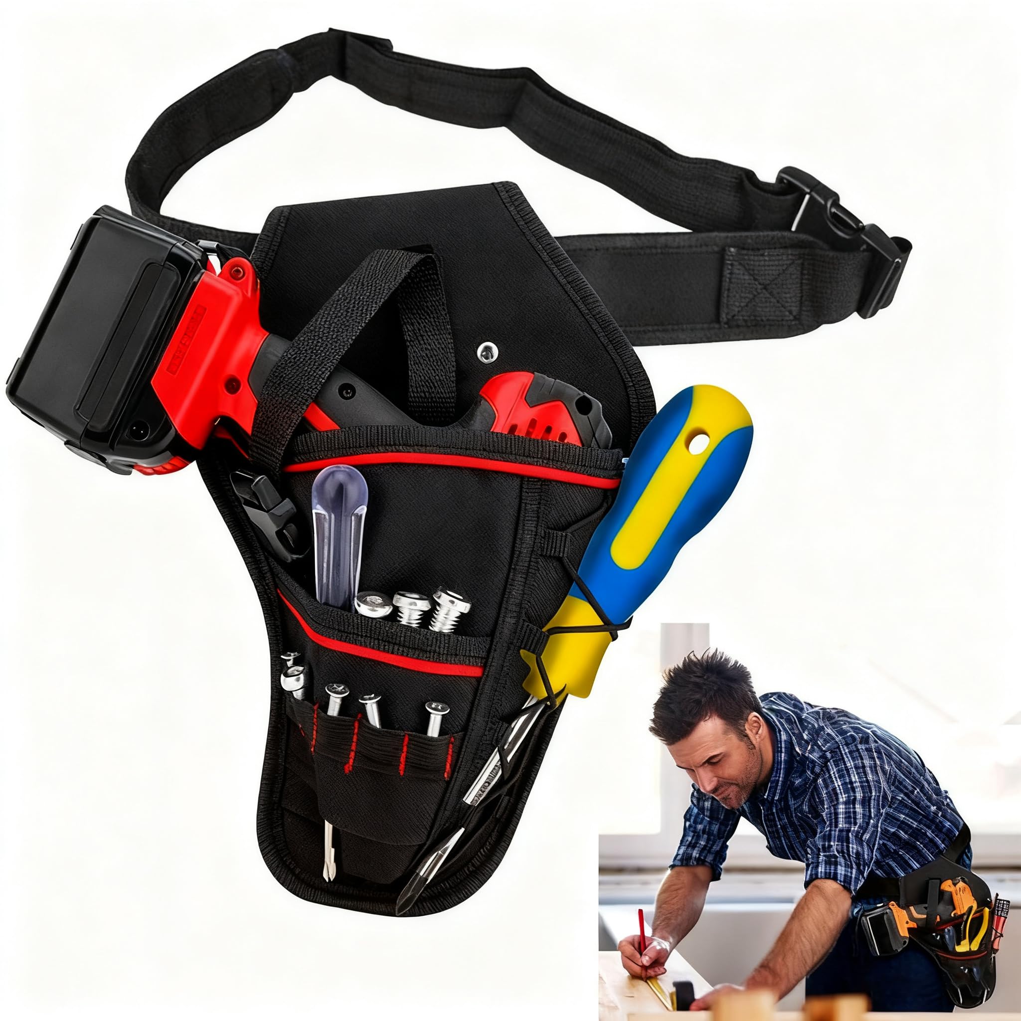 Upgraded Heavy-Duty Drill Holster Tool Belts Electrician Holder Belt Waist Bags Hanging Tools Pouch Multi-Pockets Organiser Waist with Adjustable Belt for Wrench Hammer Screwdriver T Handle Drills