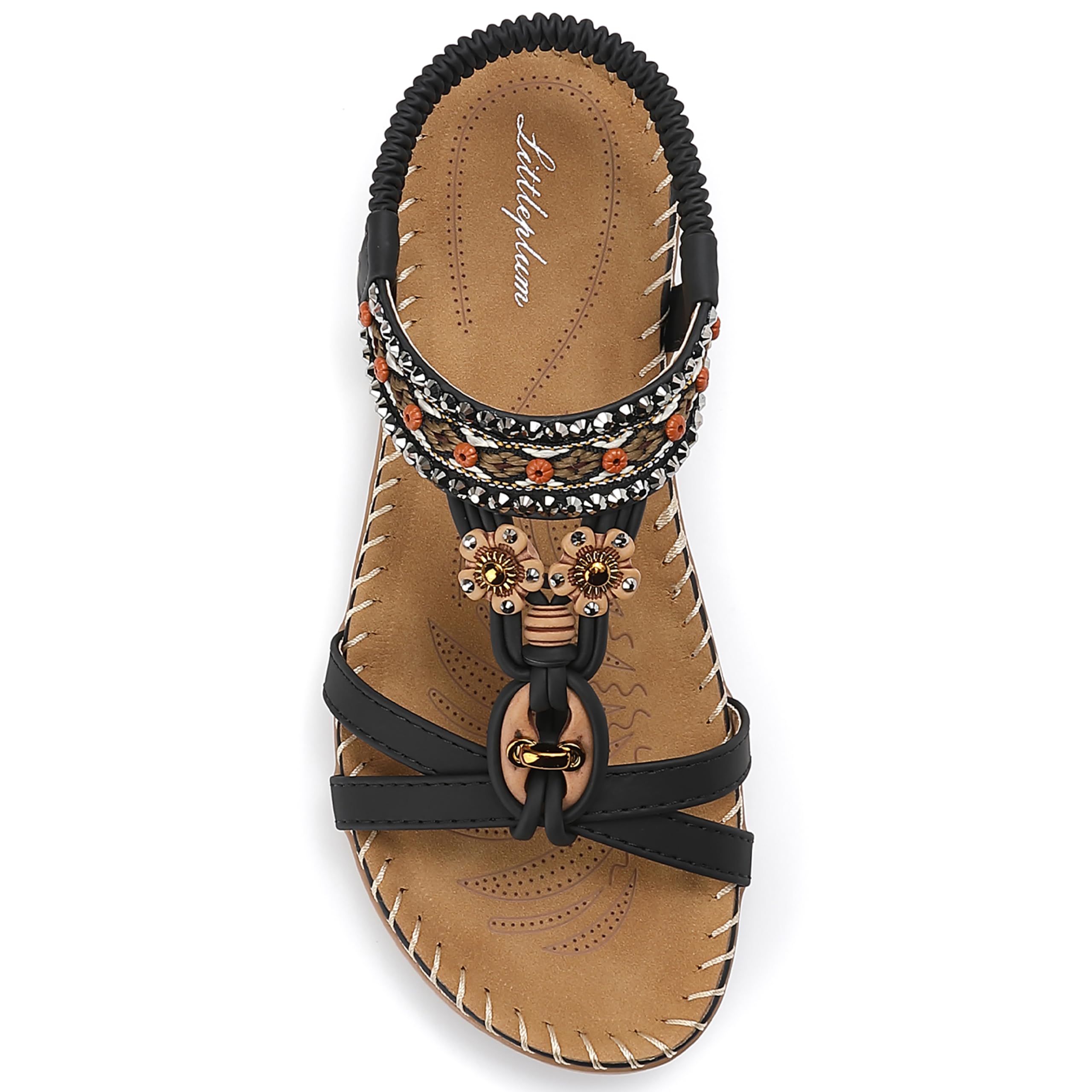 Littleplum Sandalen Damen Freizeit Flach Sandalette mit Strass Perlen Bohemia Strand Schuhe Casual Ankle Elastic Flip Flops