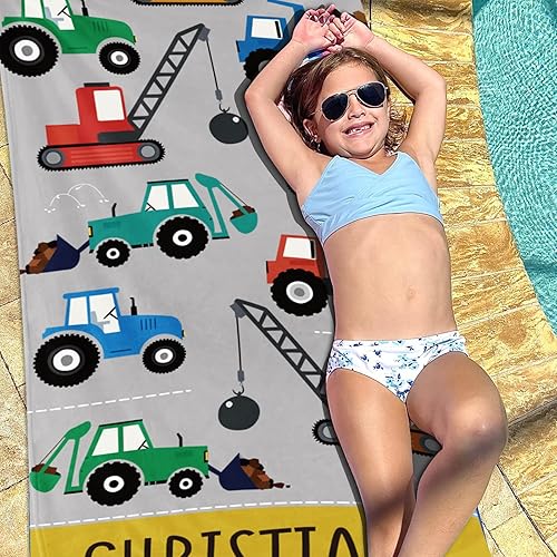 Miniatura 2 de Toalla de playa personalizada para niños, toalla de automóvil de construcción de secado rápido para niño con nombre personalizado, perfecta para la