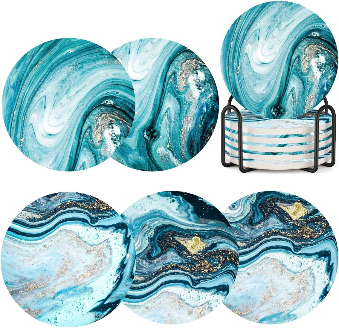 Coasters for Drinks with Holder,Marble Ocean Pattern