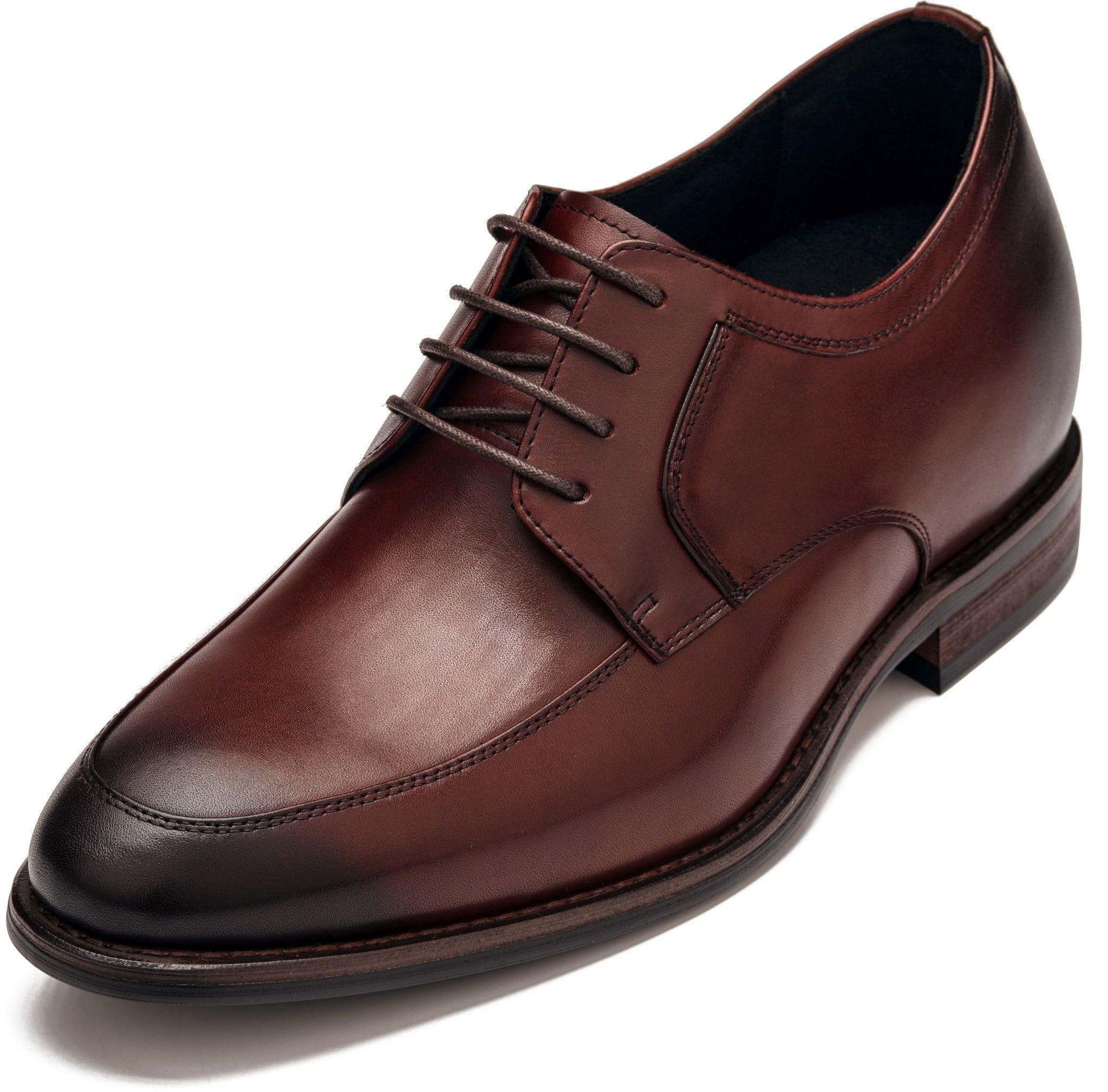 CALTO Men's Invisible Height Increasing Elevator Shoes - Rust Brown Premium Leather Lace-up Round-Toe Formal Derby Oxfords - 2.8 Inches Taller - Y7427