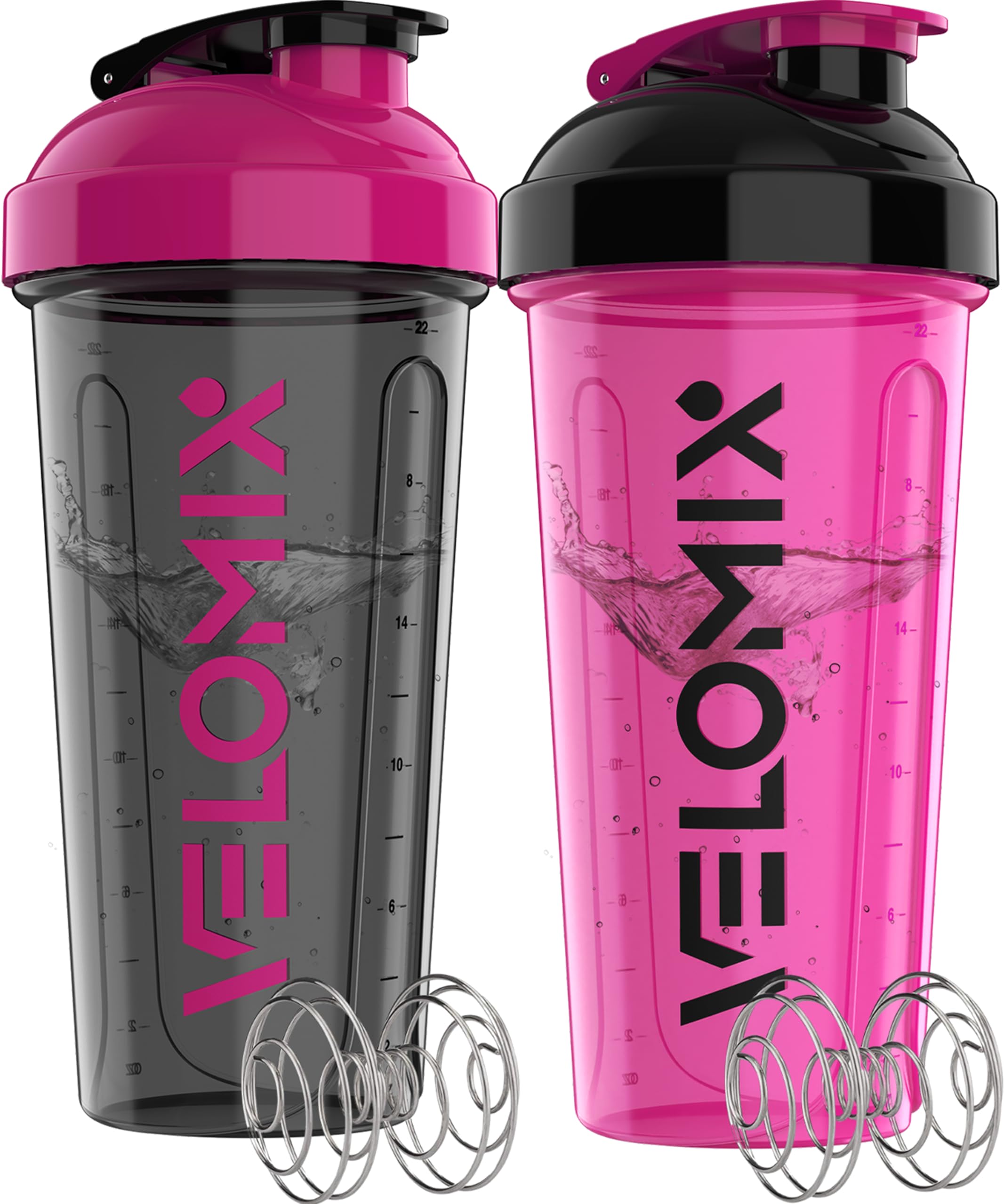 VELOMIX 2 Pack 28oz Protein Shaker Bottle for Protein Mixes, Black/Pink