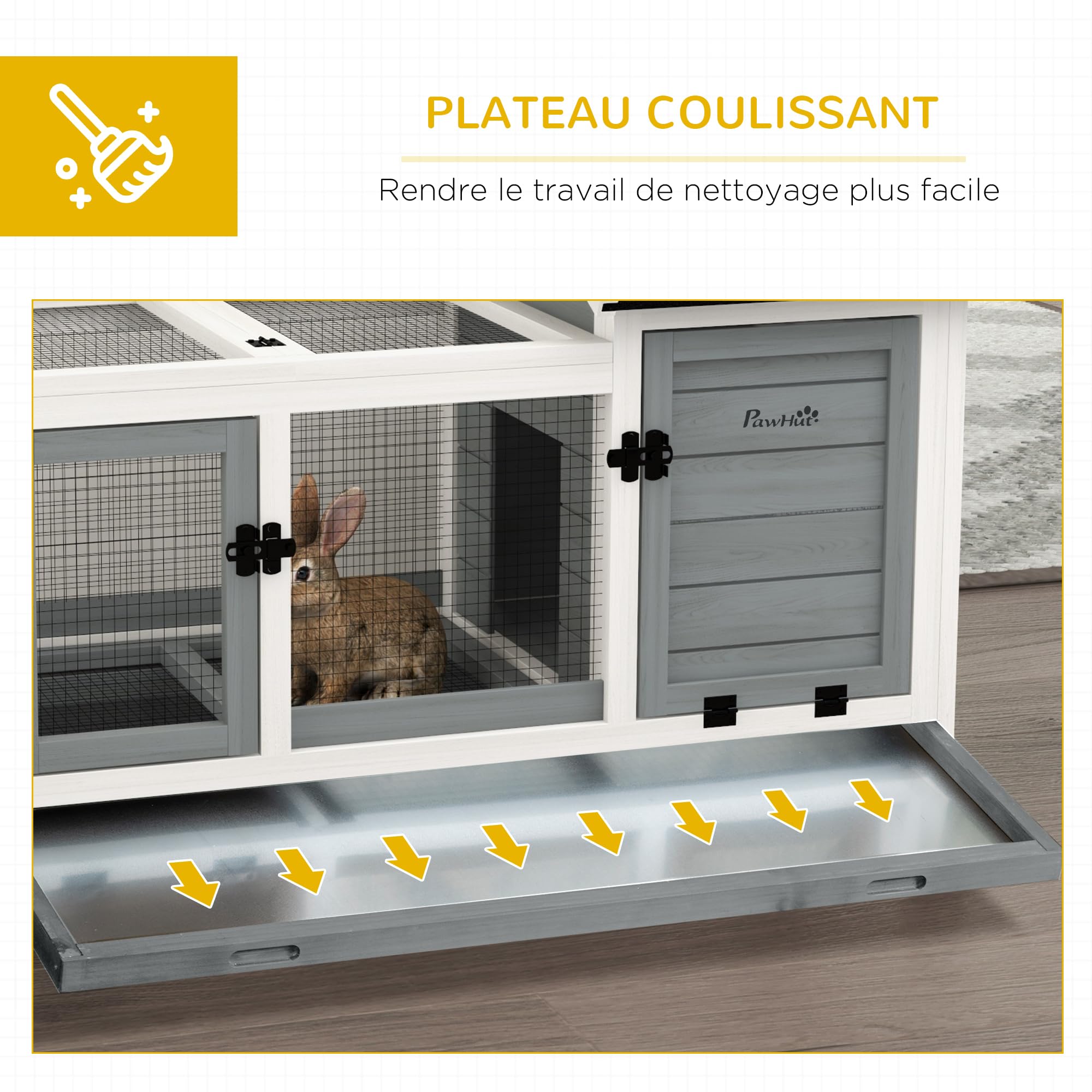 PawHut Gabbia legno conigli e cavie 108x58x73,5cm grigio | Casetta per animali piccoli con ruote, per esterno e interno, vassoio estraibile