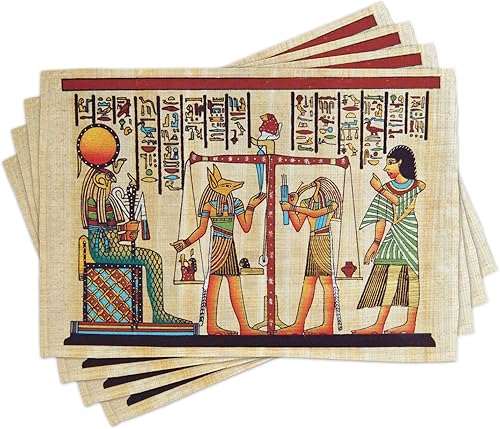 Lunarable Juego de 4 manteles individuales con estampado egipcio, manuscrito de papiro e imagen de paisaje histórico, manteles individuales de tela