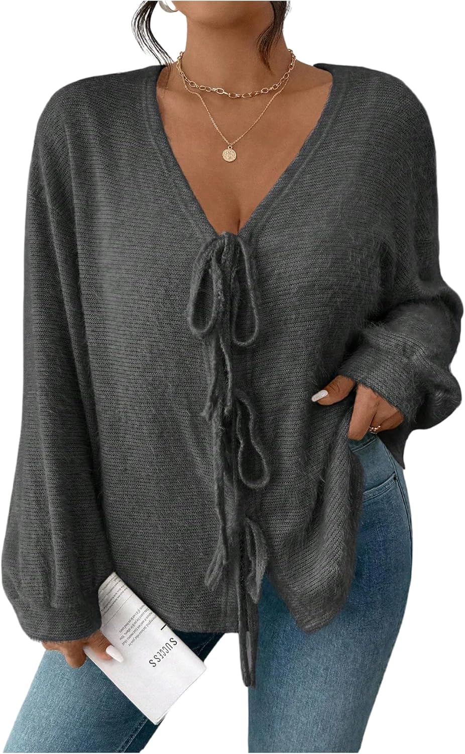 Women's Plus Size Tie Up Sweater Cardigans Long Sleeve V Neck Loose Knitwear Tops