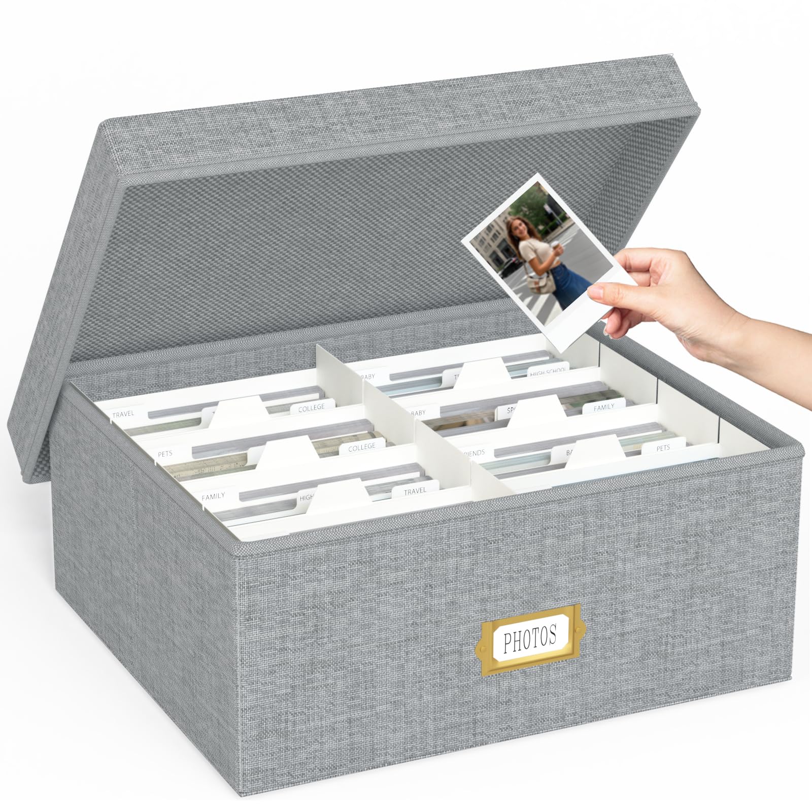 Dekorative Foto-Aufbewahrungsbox, Leinen-Fotobox für 1700 Bilder à 10 x 15 cm, Grau