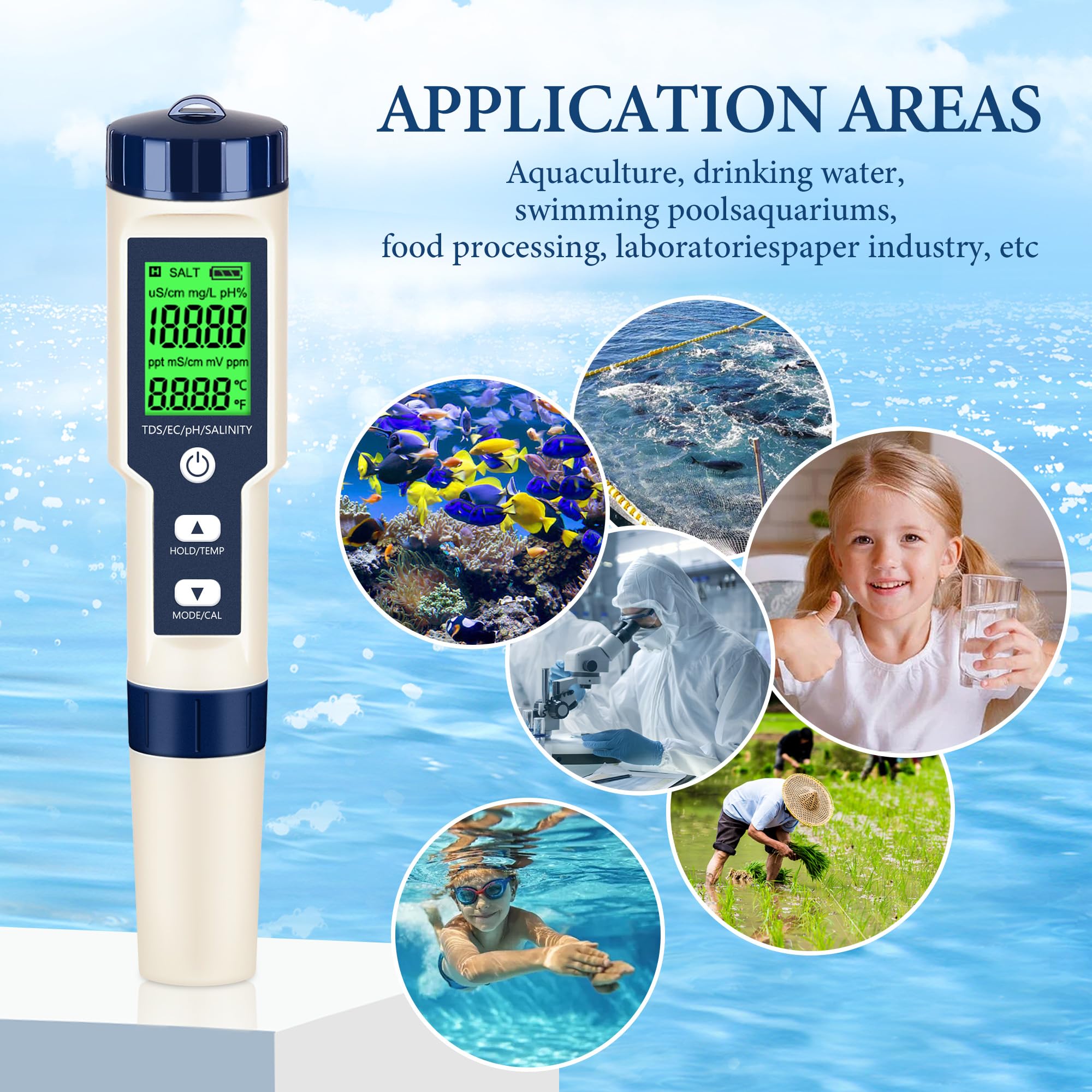 Medidor de pH y medidor de pH digital, probador de agua 5 en 1, probador de salinidad de pH de temperatura EC y TDS, medidor de pH para agua con retroiluminación LCD, kits de prueba de agua para agua