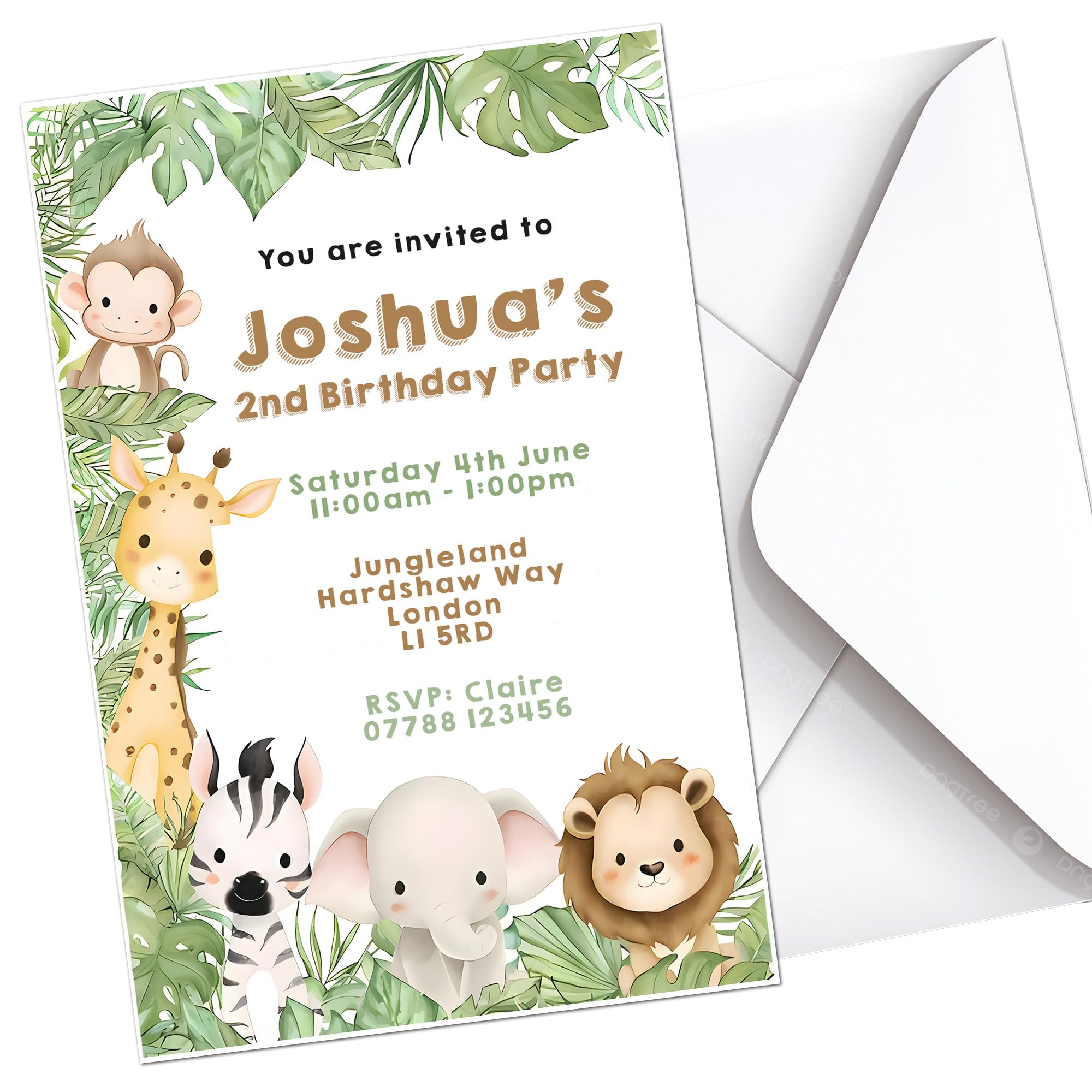 Jungle Animals Party Invites Birthday Invitations & Envelopes Personalised K254
