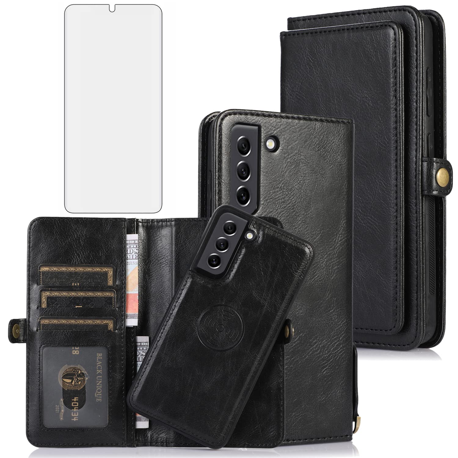 Asuwish Phone Case for Samsung Galaxy S21 Glaxay S 21 5G 6.2 inch Wallet Detachable Cover with Tempered Glass Screen Protector and Flip Credit Card Holder Cell Accessories Gaxaly 21S G5 Women Brown