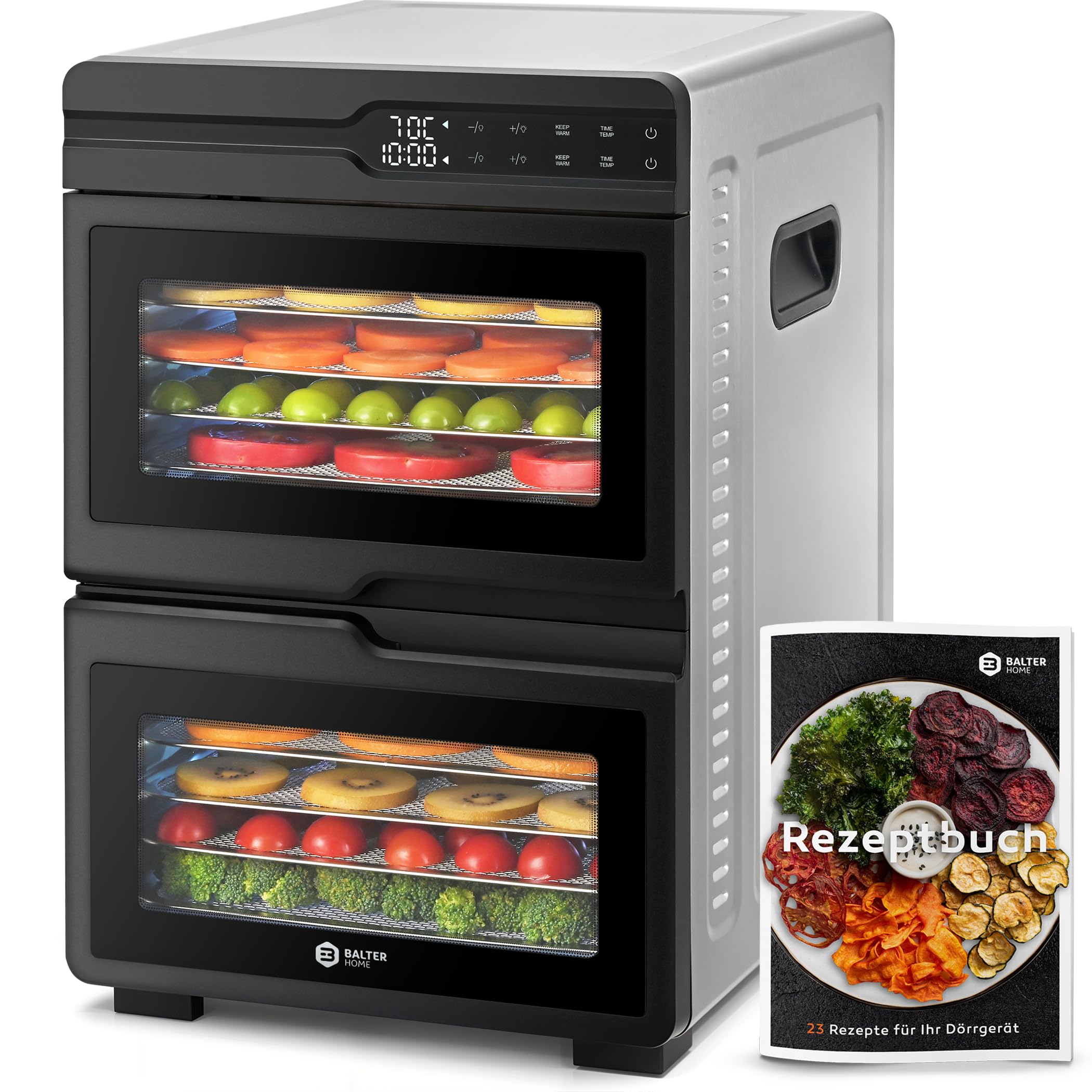 Balter Dörrautomat Edelstahl mit 2 Kammern & 12 Etagen, 1000 W, 8800 cm² Dörrfläche, BPA-frei, 35–75 °C, Timer bis 48 Std, Warmhaltefunktion, Dörrgerät, Dehydrator, Obsttrockner