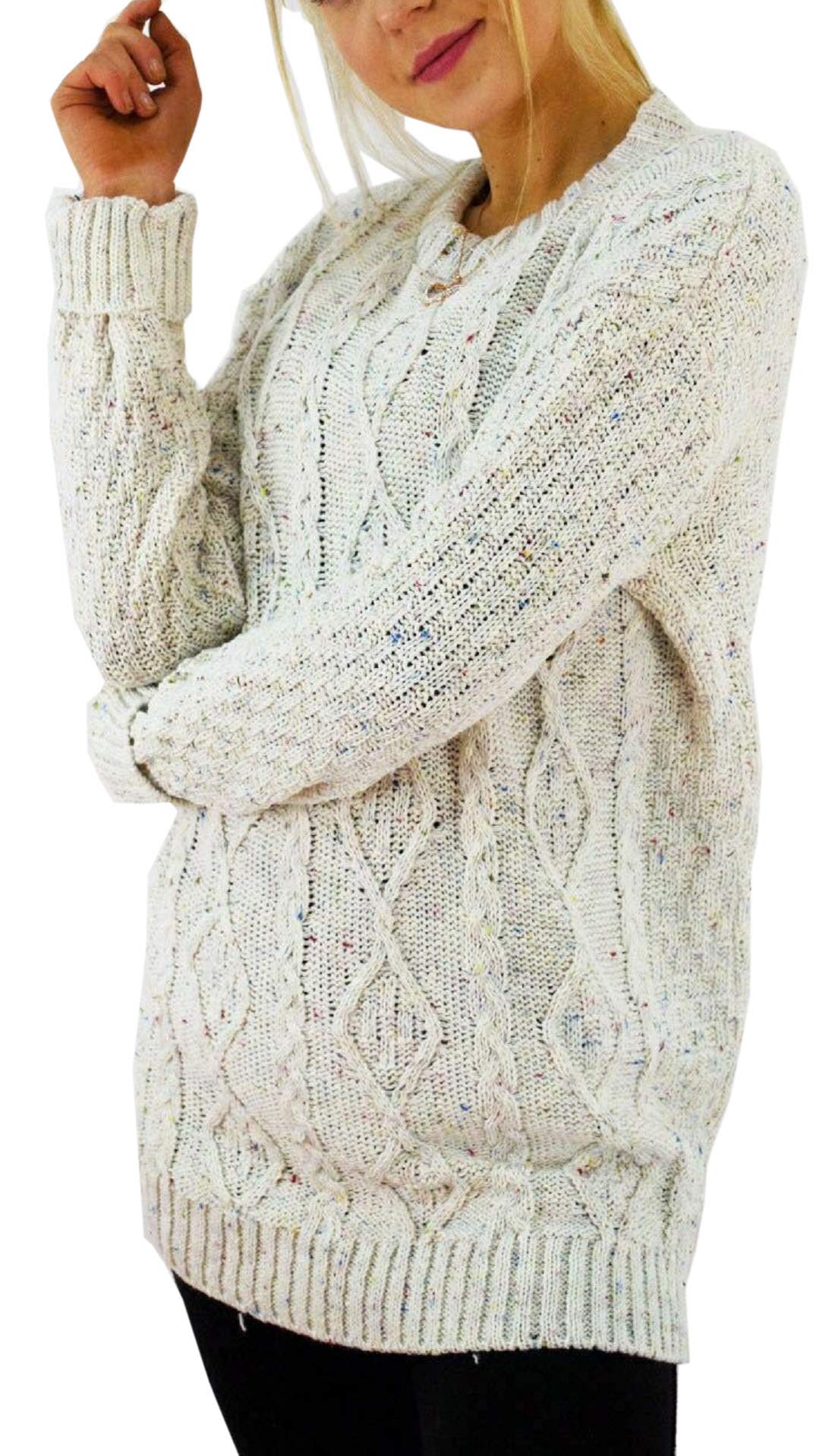 Metluq M0d4 Women's White New Long Sleeve Chunky Cable Knitted Jumper Crew Neck Winter Sweater Top (, Uk 12-14)