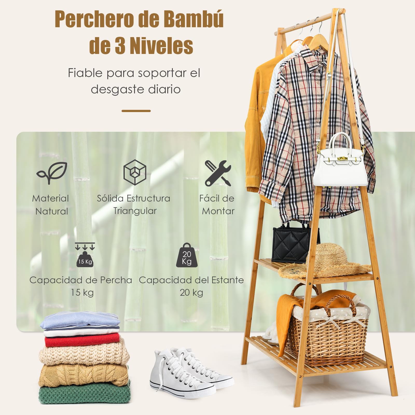 COSTWAY Burro Ropa Madera, Perchero Burro de Bambú, Estantería de 2 Niveles, Perchero Burro Ropa Fácil de Montar, Entrada, Dormitorio, Natural