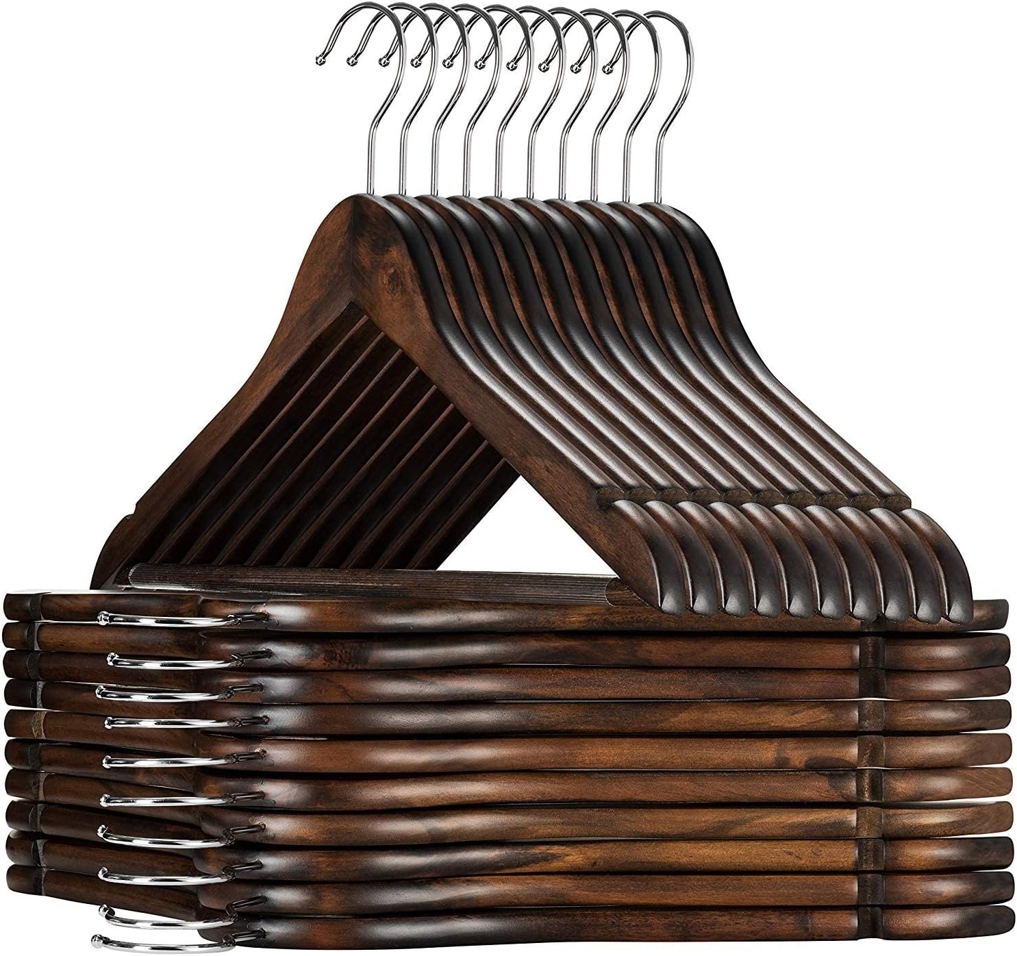 ZEPOLI - Wooden Suit Hangers - Premium Wood with Notches & Chrome Swivel Hook Dress Clothes, Coats, Jackets (12 Pack, Walnut)