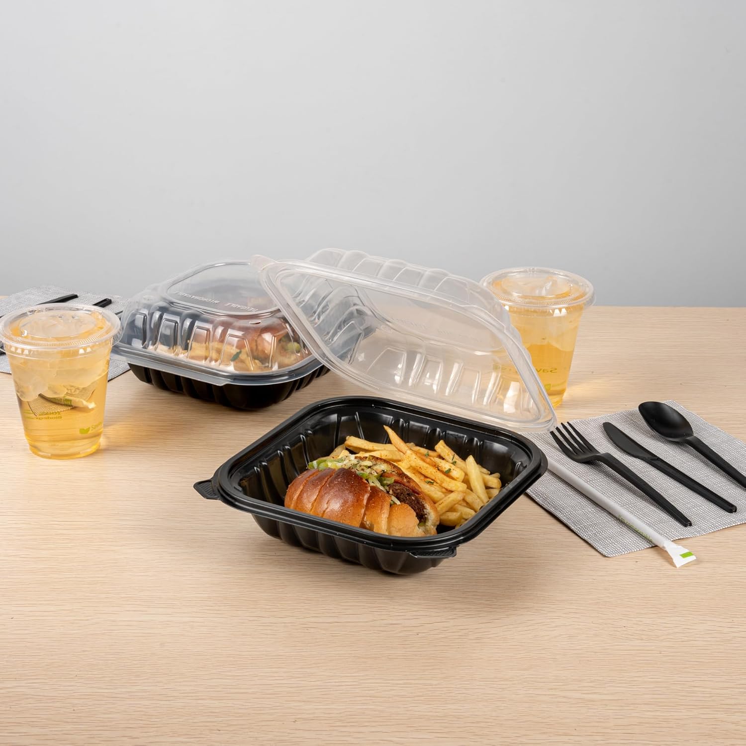 Thermo Tek 34 Ounce Clamshell Containers, 100 Disposable Take Out Boxes - Ventilated Lids, Microwavable, Black Plastic Meal Prep Containers, For Pastas, Salads, Or Sandwiches - Restaurantware