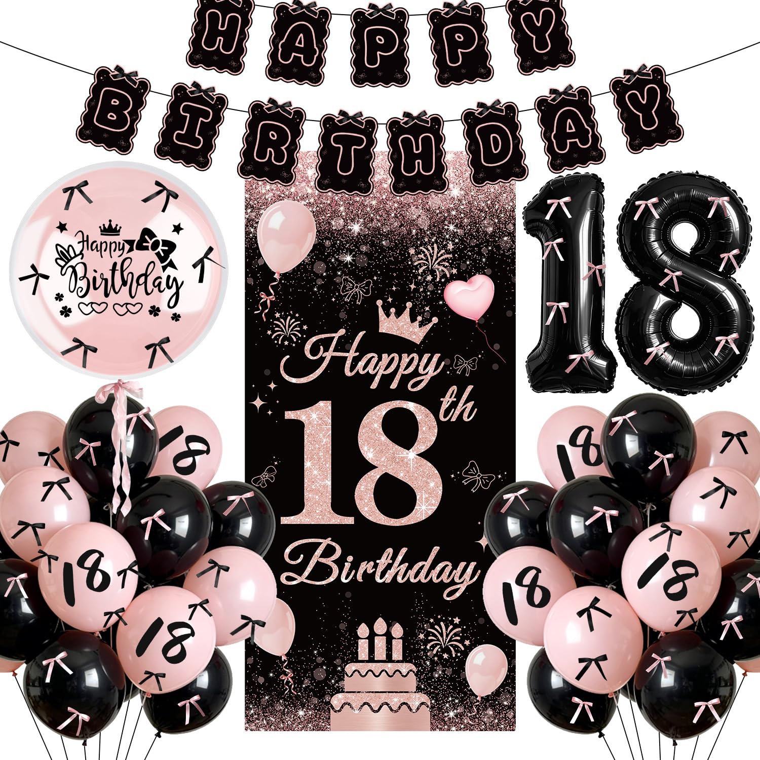 Black Pink 18th Birthday Decorations For Girls, Bow Birthday Decorations