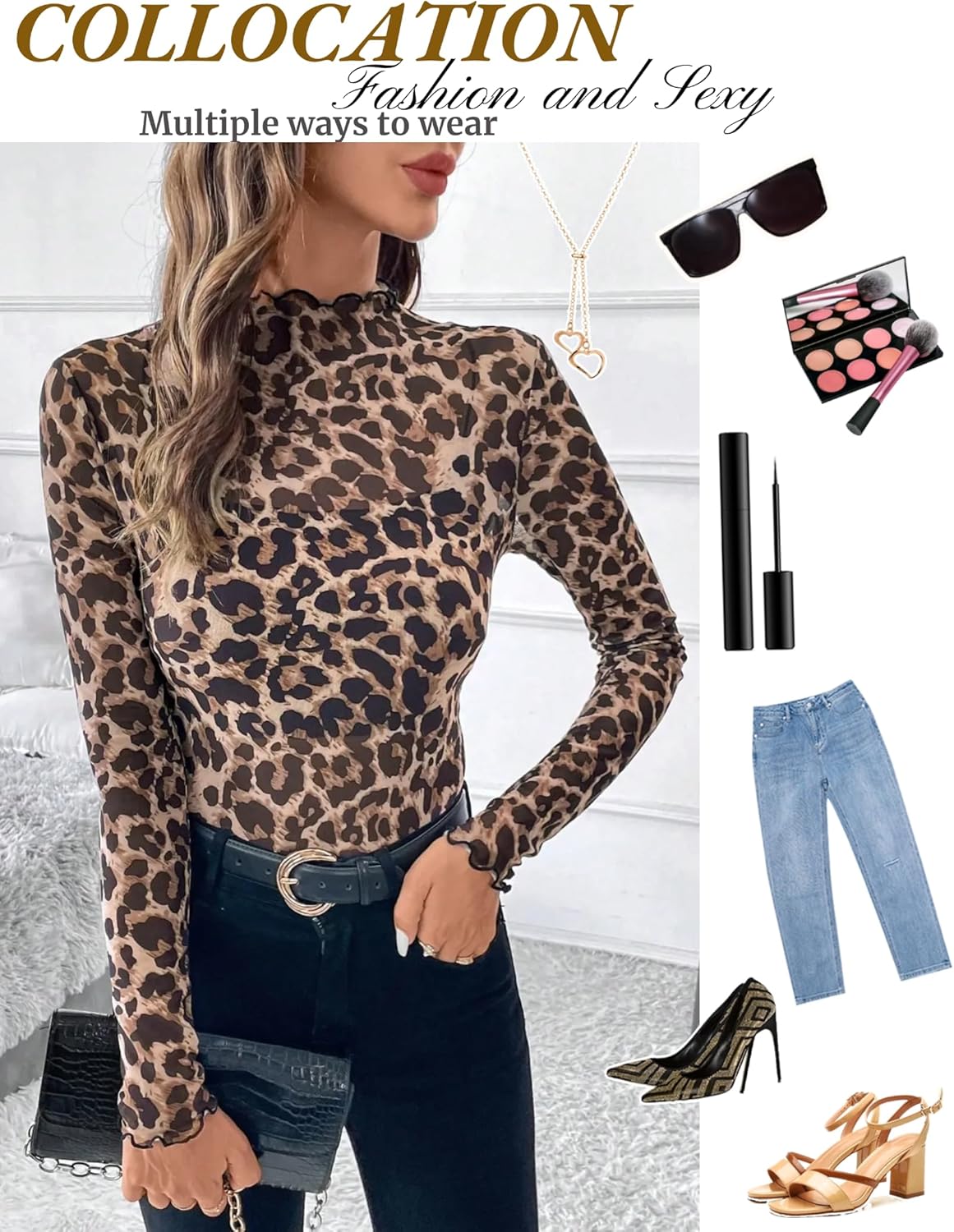 Womens Mesh Tops Lace Long Sleeve Shirts Mock Neck Slim Fitted Top See Through Tee Shirts Party Club Night Lace Blouse - Image 7