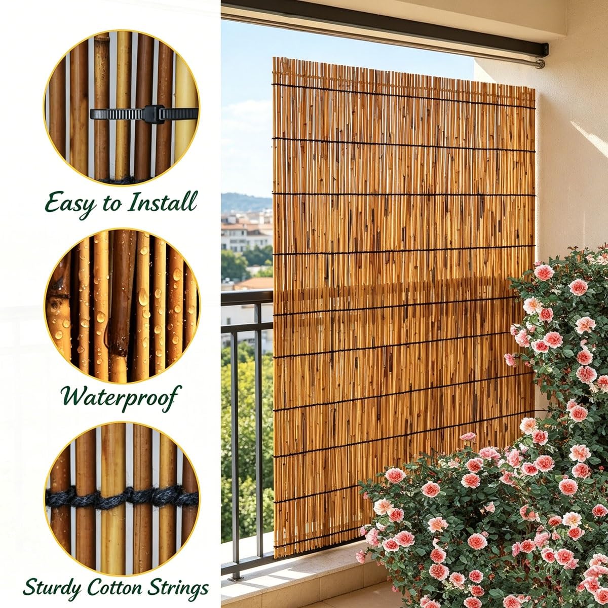 Stuoia in Bambù Naturale Pelato, Arelle Canniccio per Recinzione Frangivista Frangivento, Arella per Giardino Balcone Terrazza Piscina Cannette Legate, Rotolo Bambù Decorativo(Marrone,H1.8 x L8m)