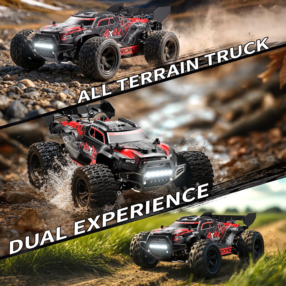 Ferngesteuertes Auto 1:18 4WD Offroad Monstertruck 36 km/h RC Auto 2,4 GHz mit 2 × 1500 mAh Akkus und 2 Karosserien – für Kinder ab 8–10 Jahren und Erwachsene, Spielzeug Geschenk für Anfänger