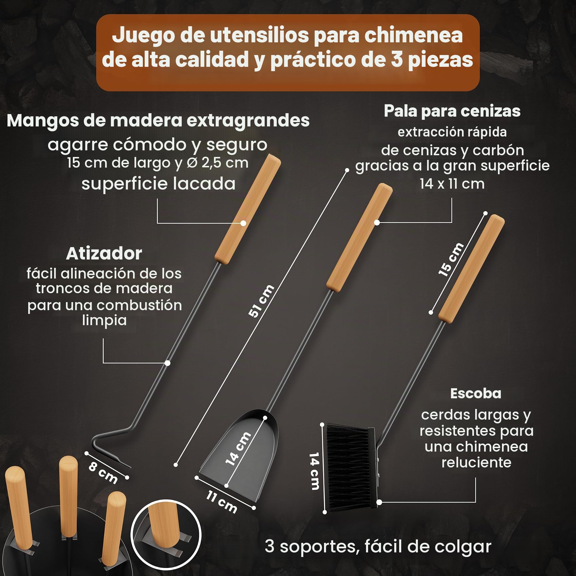 BLACK OAK Juego de utensilios para chimenea VAIL 4 piezas - juego moderno de utensilios para estufa negro con mango de madera 4 piezas con atizador, pala para cenizas, escobilla para chimenea +