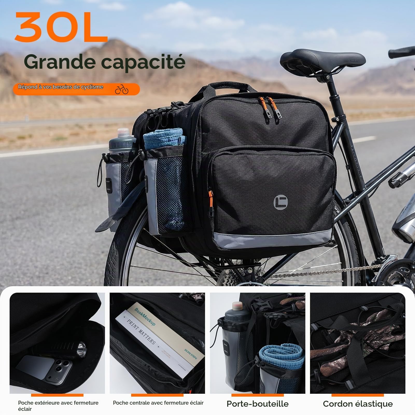 30L Sacoche de Vélo Porte-Bagage Réfléchissant Sacs Porte Bagages Arrière Imperméable Sac de Vélo Double 1680D Nylon Sac de Selle de Vélo Multifonctionnelle pour Cyclisme Excursions Commuting