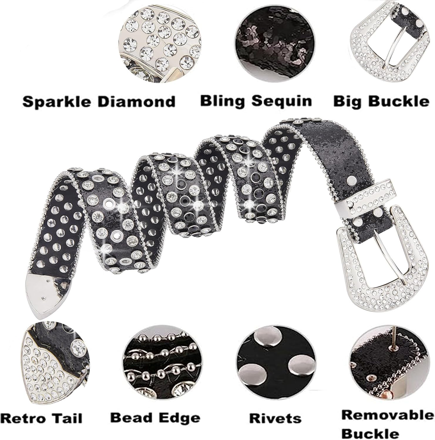 Men Fashion Rhinestone Belt Western Bling Studded Design Leather Diamond Belt for Jeans - Image 4