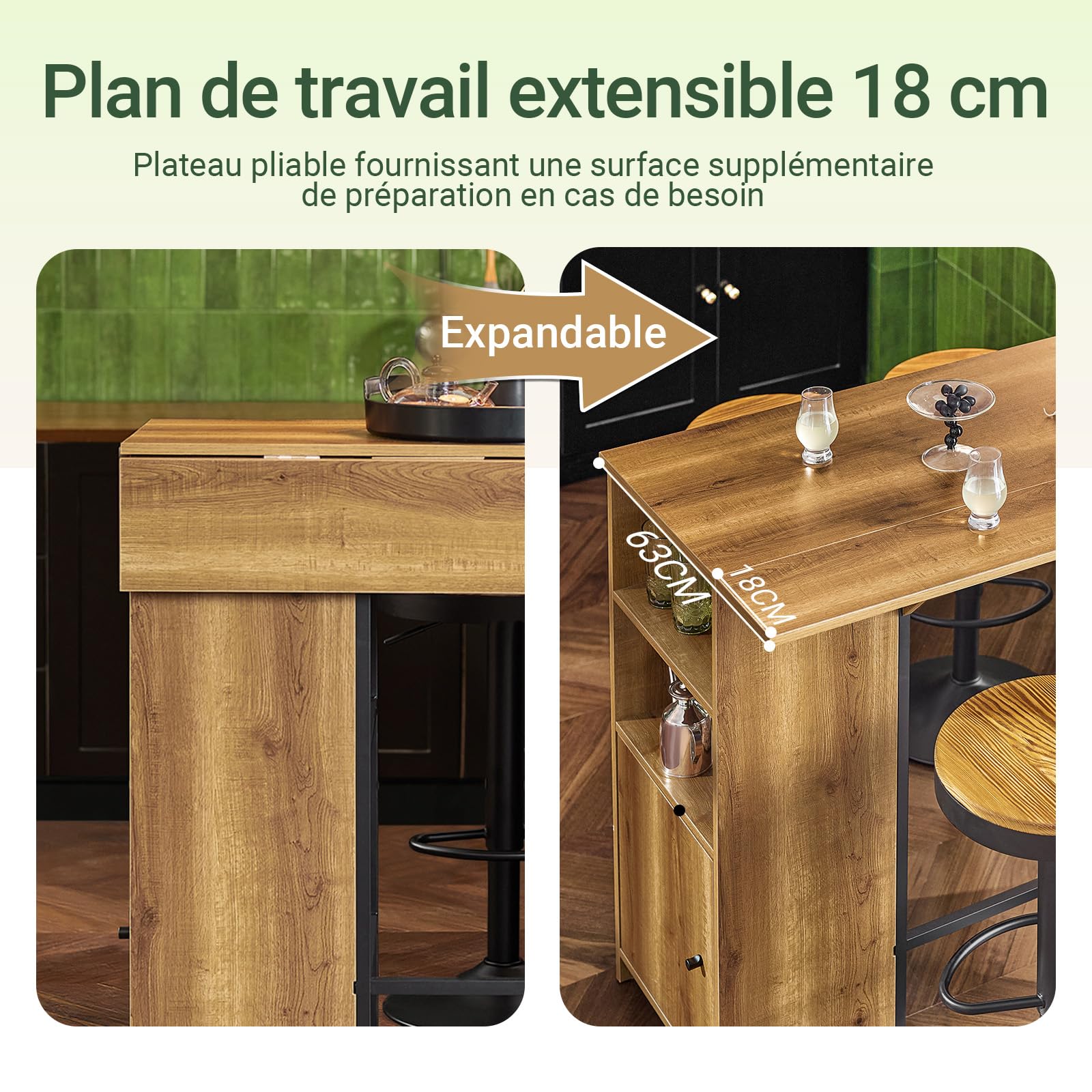SoBuy Table Haute de Cuisine avec Plateau Extensible – Mange Debout pour Petits Espaces, Table de Salle à Manger Moderne, Bar pour Cuisine, Salon ou Bar à Café 120 × 45/63 × 95cm, FWT98-PF