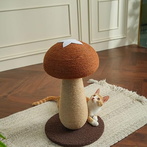 Shiitake Mushroom Cat Scratching Post – 100% Sisal Scratch Pole with Pompom Toy, Cute Shiitake Design for Indoor Cats, Durable Cat Scratcher Furniture