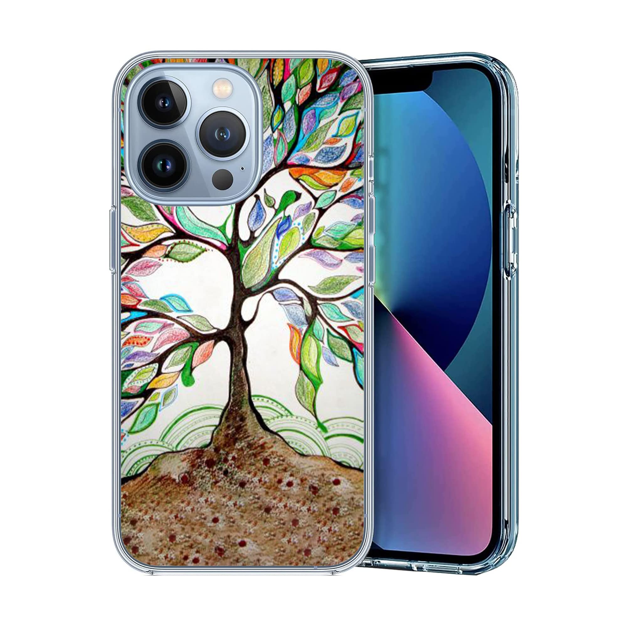 Compatible with iPhone 14 Pro Case, Retro Rainbow Tree of Life Creative Art Clear Case Soft TPU Full Body Protection Cover Case Gift for Women Men