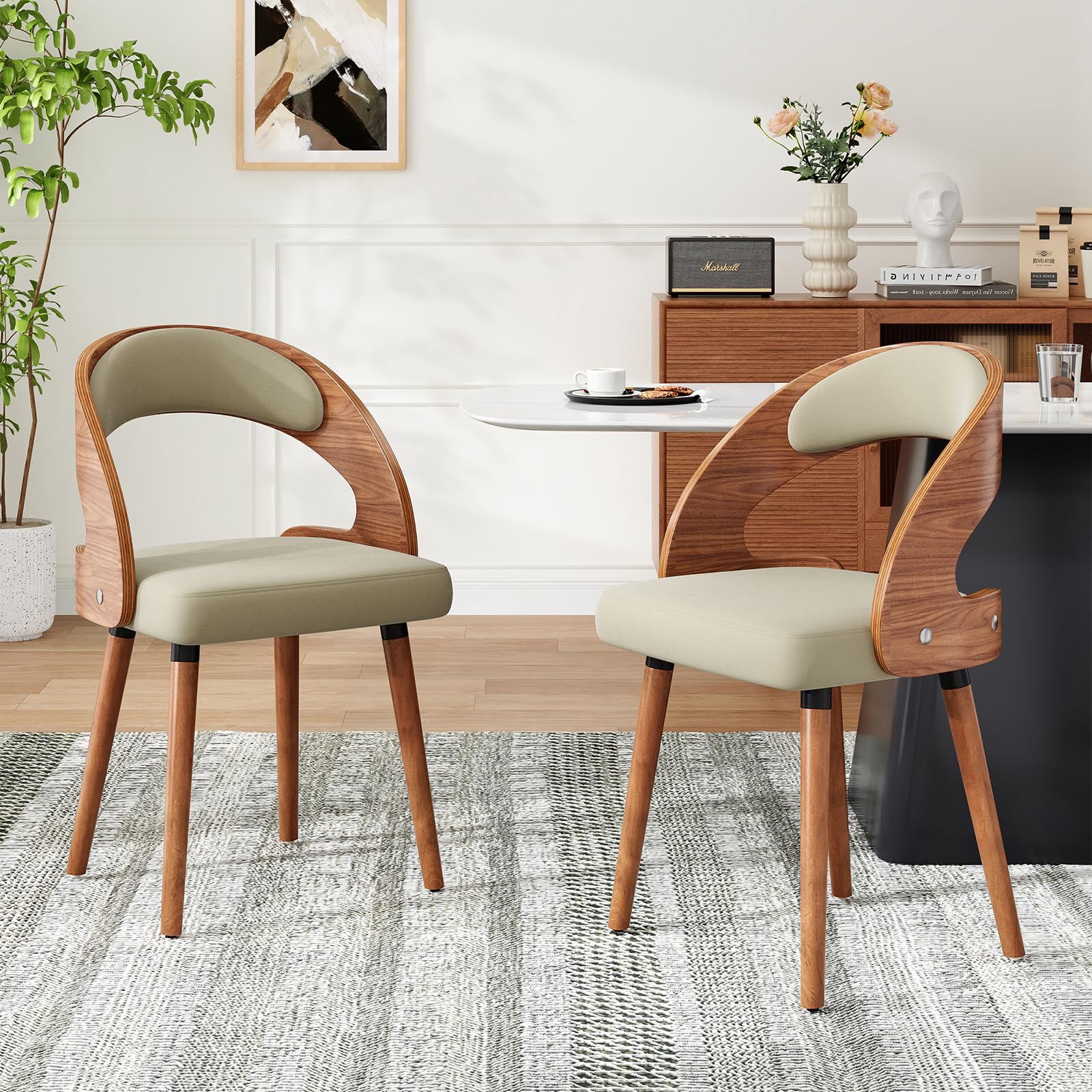 Farini Wood Dining Chairs, Set of 2 Modern Upholstered Dining Chairs with Curved Backrest for Kitchen, Dining Room, Living Room, Green