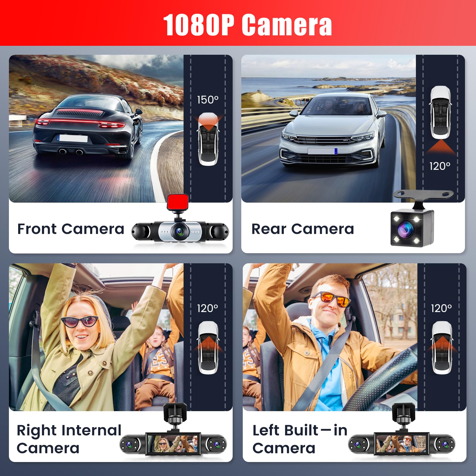 1080P Dash Cam 360 Gradi 4 Canali, Schermo 3.16 Pollici con 64GB
