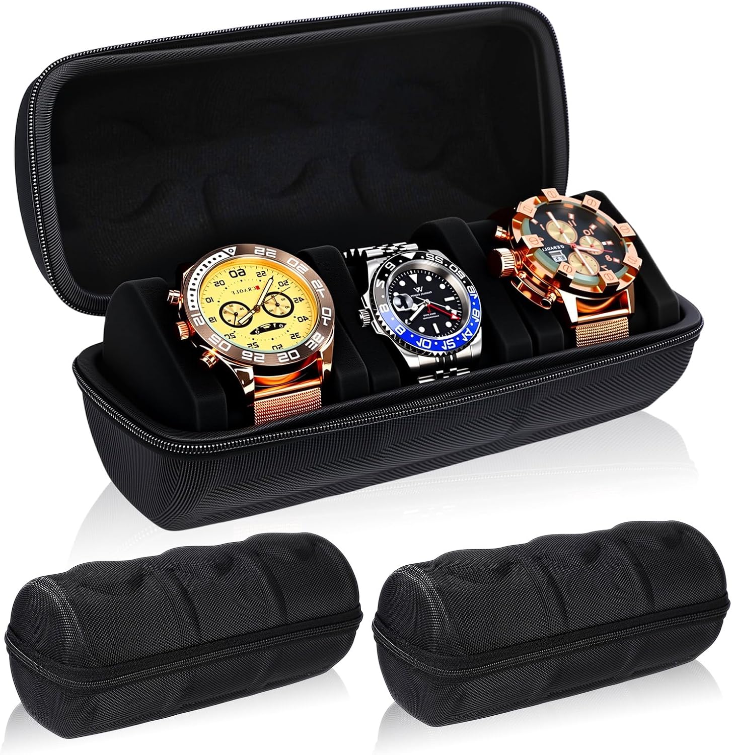 Abbylike 3 pcs 3 Slot Hard Watch Travel Case Watch Roll Travel Holder Portable Watches Organizer for Men Woman with Anti Move Pillow