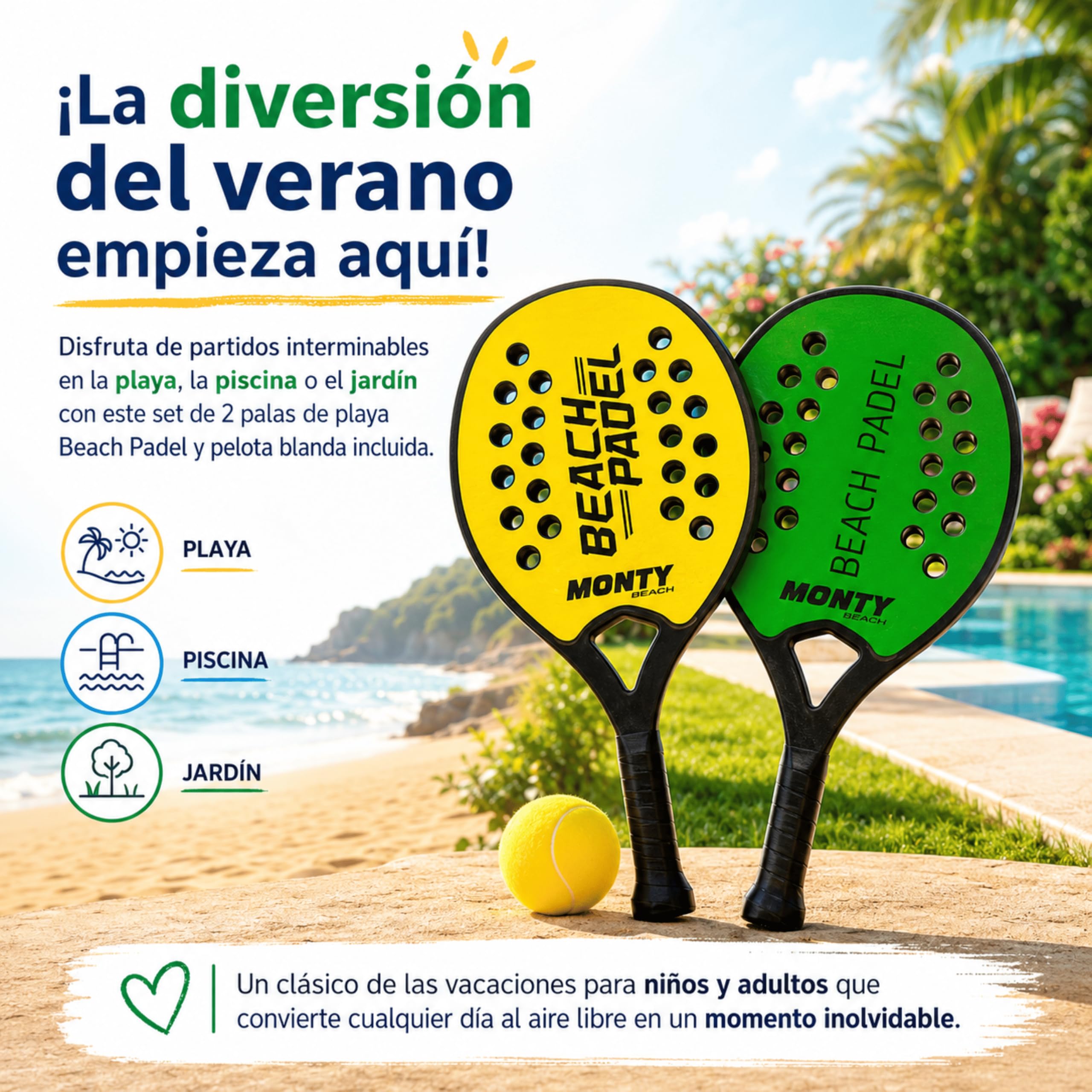 MUNTRADE Set de 2 Palas Beach Padel con Pelota Blanda Incluida | Raquetas Verdes de Playa Resistentes al Agua | Palas Beach Tennis para Niños y Adultos | Juego Exterior para Playa, Piscina y Jardín