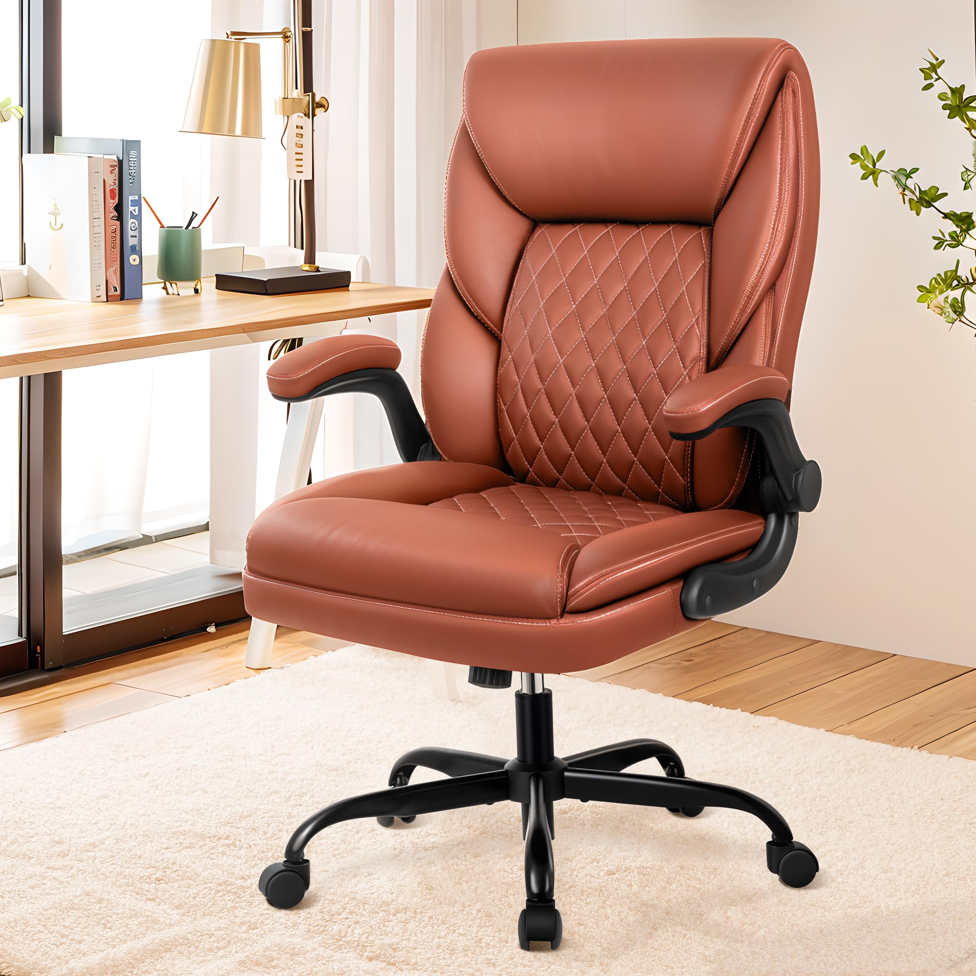 Sedia da ufficio ergonomica con funzione basculante, sedia da scrivania regolabile in altezza, in ecopelle, 150 kg, colore marrone