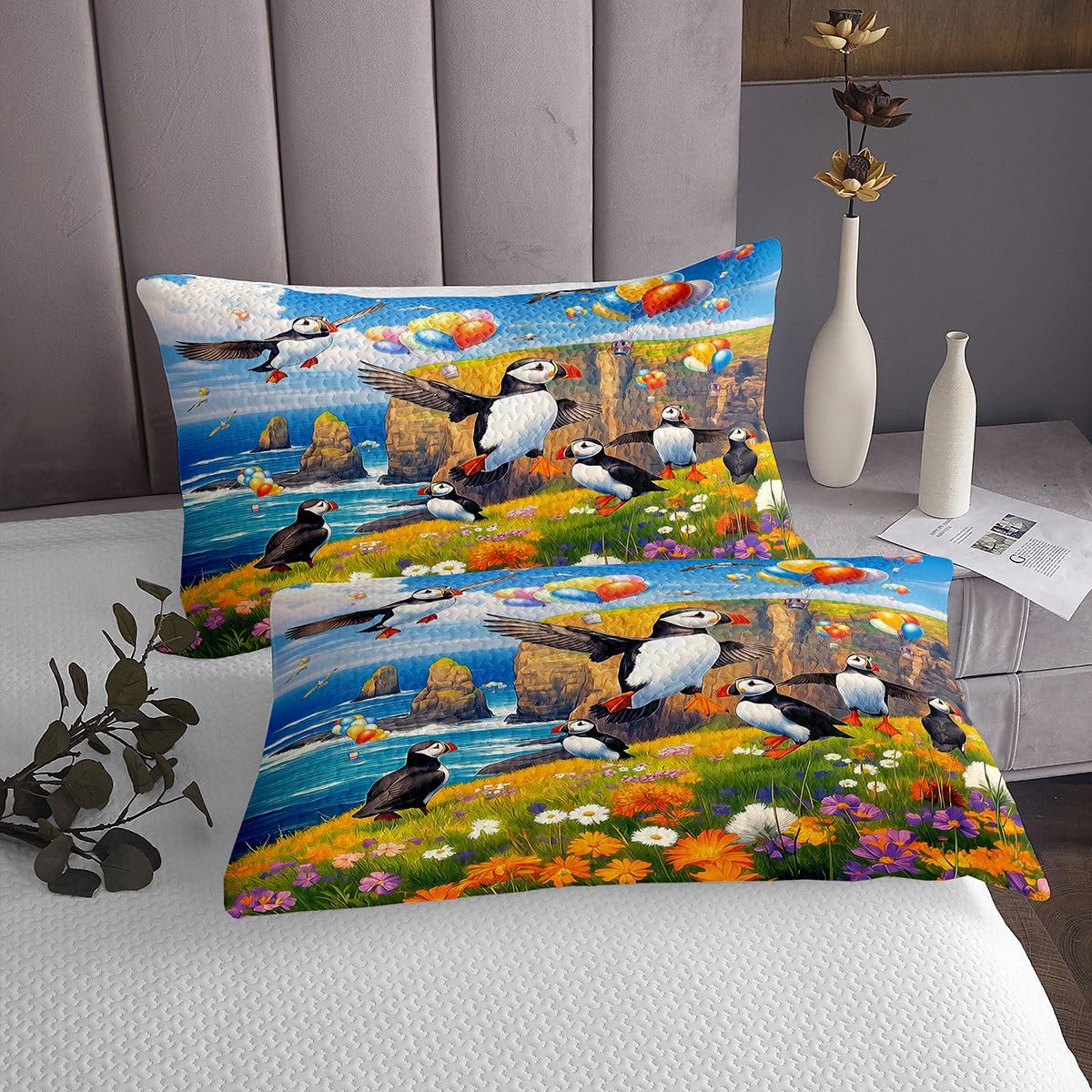 Homewish Juego de colcha de regalo de frailecillos, tamaño King, con temática de pájaros oceánicos, paisaje costero, juego de edredón para niños, adolescentes y niñas, ropa de cama acolchada con