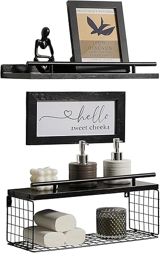 ZORCOR Estantes flotantes con letrero de decoración de baño, cesta de almacenamiento de papel higiénico de granja de madera, juego de 3, estante